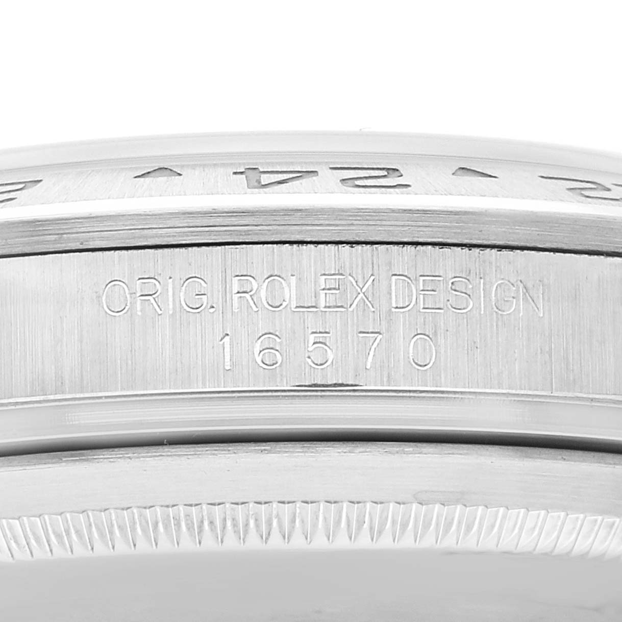 The image shows a close-up view of the side of a Rolex Explorer 16570 Men
s Stainless Steel Black Dial 16570 Men
s Stainless Steel Black Dial watch, featuring the engraved design and model number 16570.