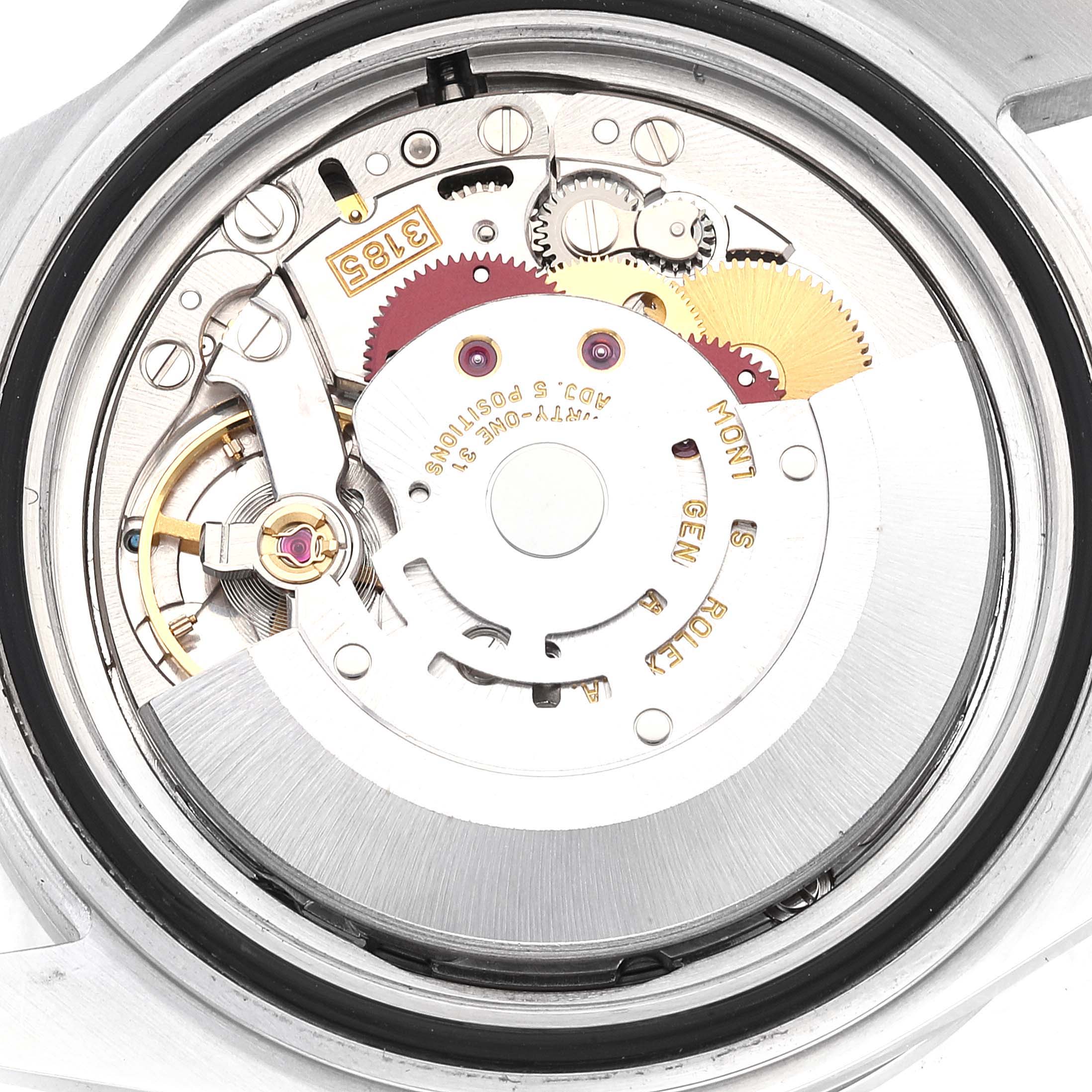 This image shows the movement mechanism of a Rolex Explorer 16570 Men
s Stainless Steel Black Dial 16570 Men
s Stainless Steel Black Dial watch from a back view angle.