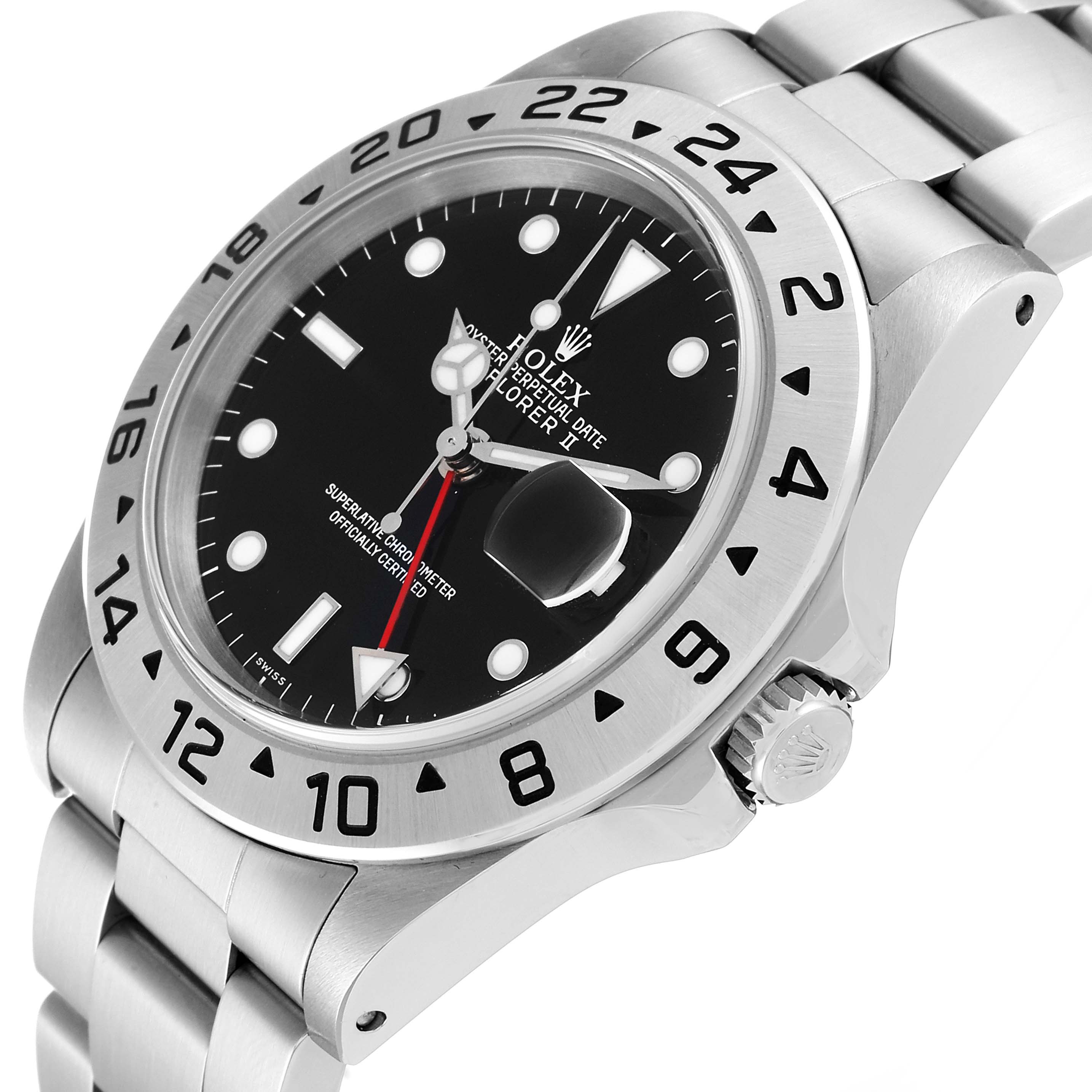 The Rolex Explorer 16570 Men
s Stainless Steel Black Dial 16570 Men
s Stainless Steel Black Dial watch is shown at an angled view, displaying the face, bezel, crown, and part of the bracelet.