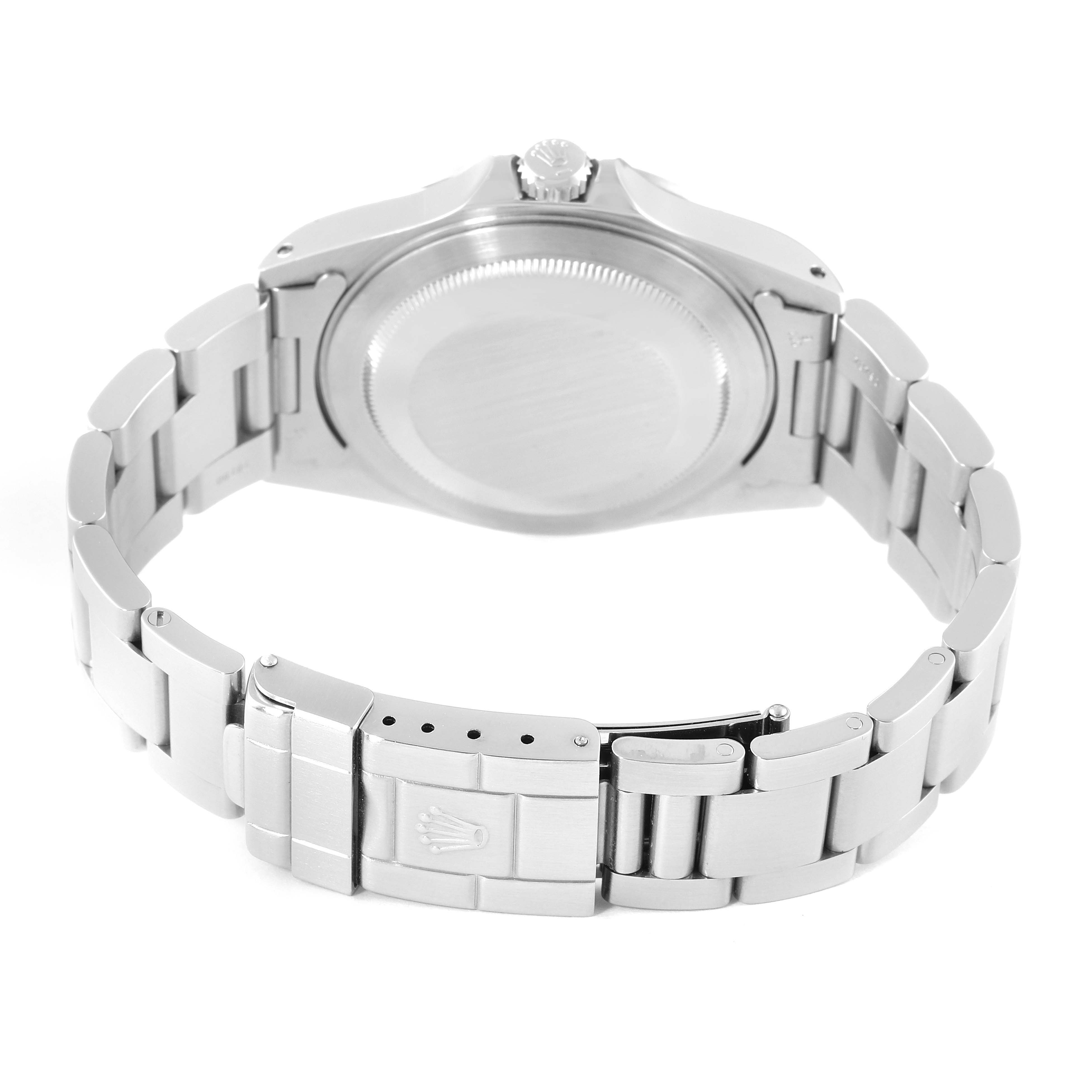 The image shows the back view of a Rolex Explorer 16570 Men
s Stainless Steel Black Dial 16570 Men
s Stainless Steel Black Dial watch, highlighting the case back and bracelet with clasp.