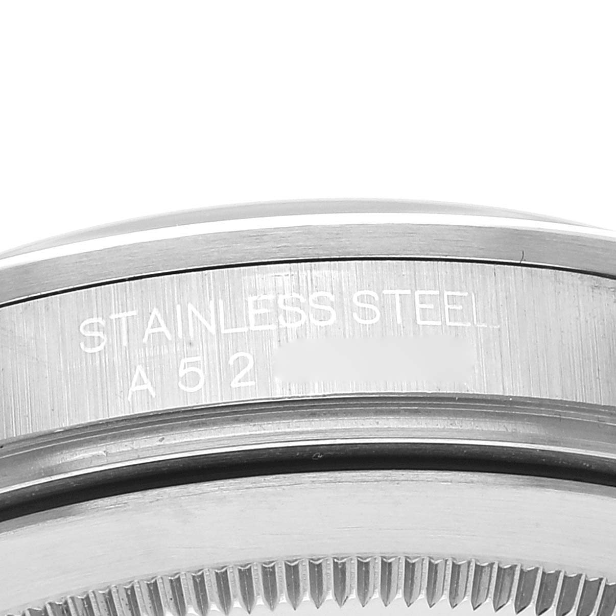 This image shows a close-up view of the case back edge and engravings on the stainless steel Rolex Explorer 16570 Men
s Stainless Steel Black Dial 16570 Men
s Stainless Steel Black Dial watch.