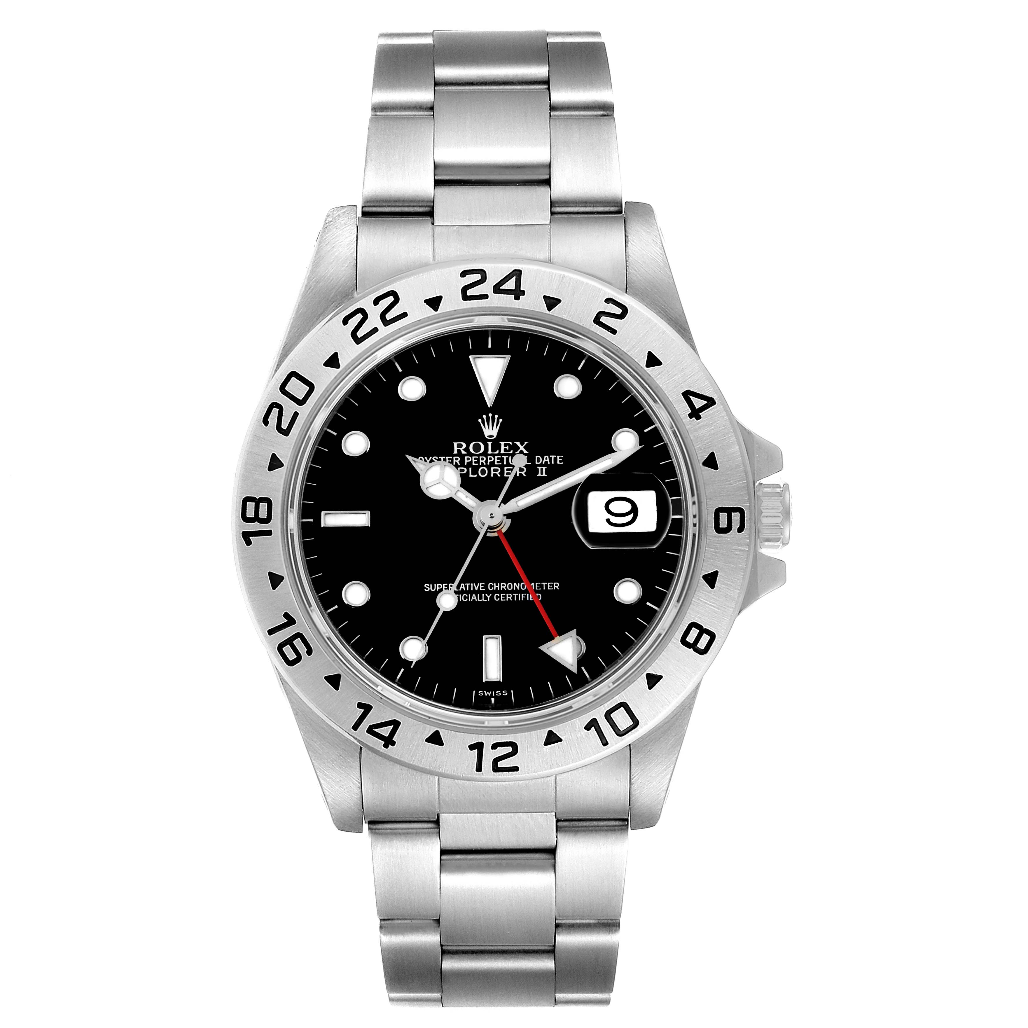 The image shows a front view of a Rolex Explorer 16570 Men
s Stainless Steel Black Dial 16570 Men
s Stainless Steel Black Dial watch, displaying its face, bezel, and stainless steel bracelet.