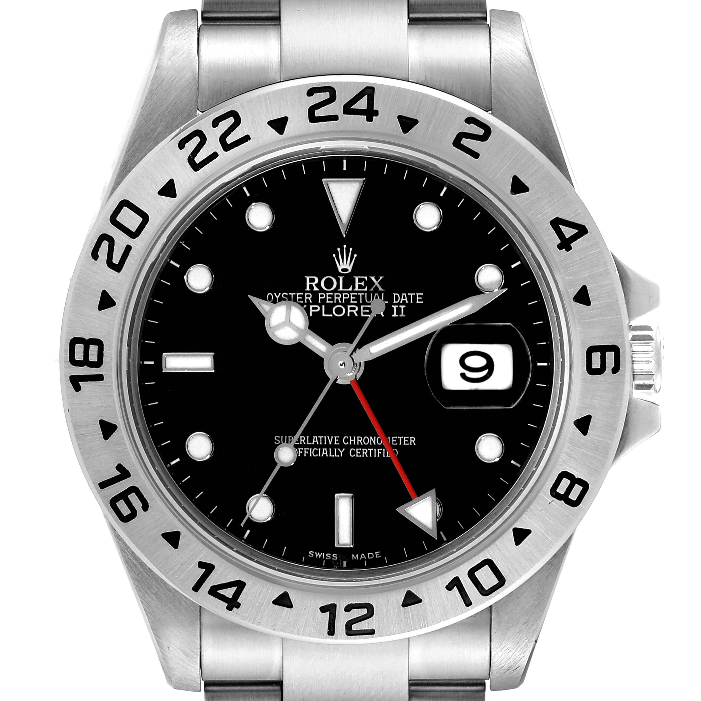 This image shows a front view of the Rolex Explorer 16570 Men
s Stainless Steel Black Dial 16570 Men
s Stainless Steel Black Dial watch, displaying the dial, bezel, and the bracelet attachment.