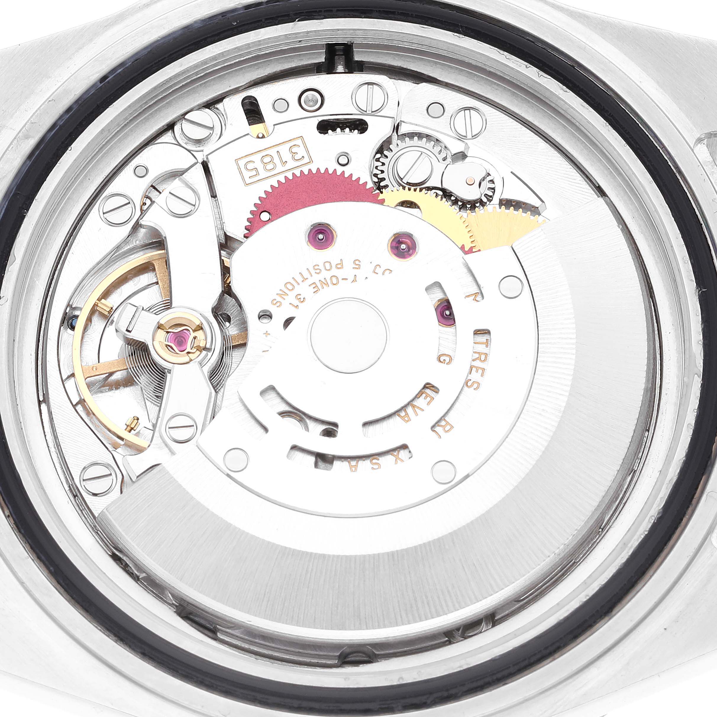 The image shows the internal movement mechanism of a Rolex Explorer 16570 Men
s Stainless Steel Black Dial 16570 Men
s Stainless Steel Black Dial watch from a top-down angle.