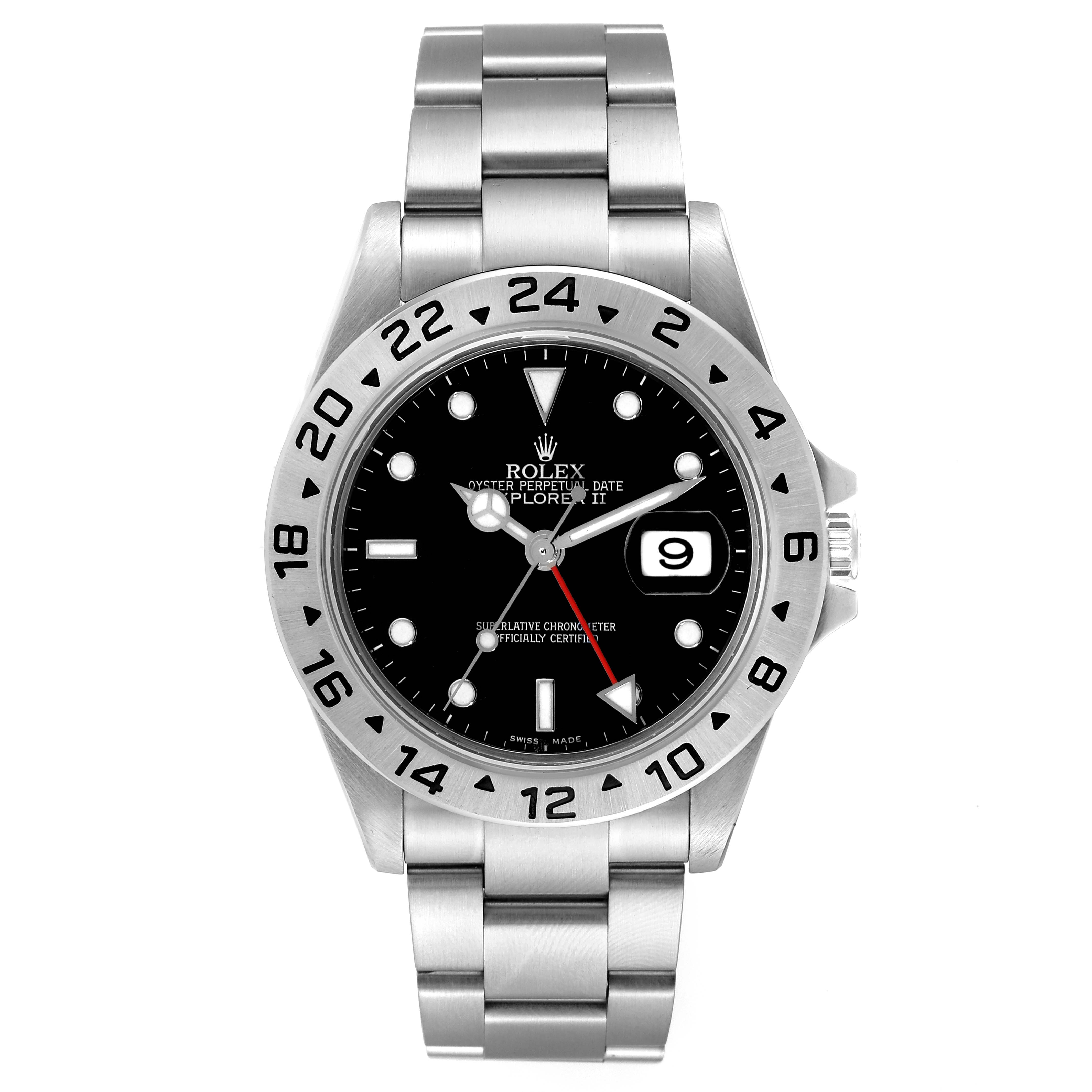The image shows a front view of the Rolex Explorer 16570 Men
s Stainless Steel Black Dial 16570 Men
s Stainless Steel Black Dial watch, displaying its bezel, dial, hands, bracelet, and date window.