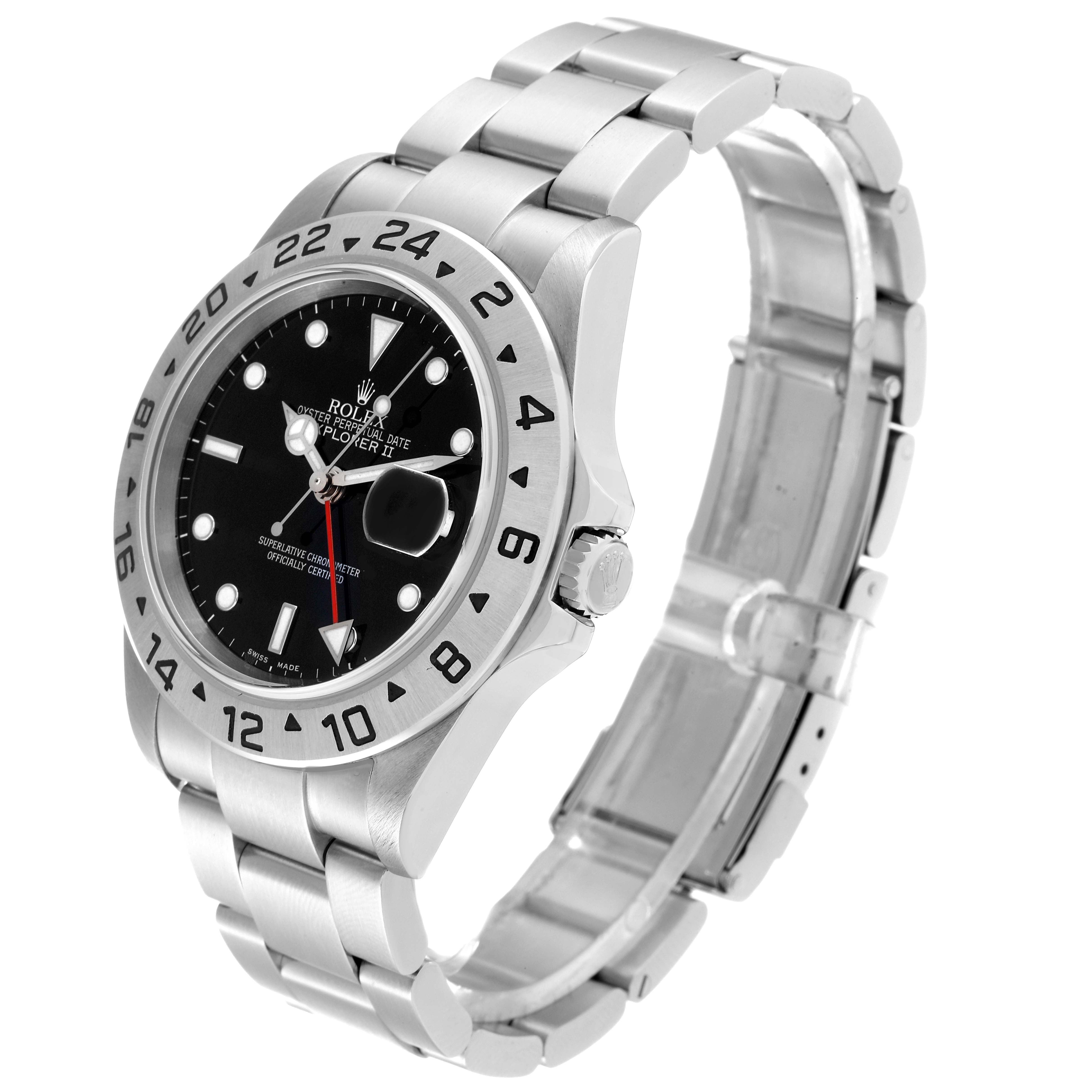 The Rolex Explorer 16570 Men
s Stainless Steel Black Dial 16570 Men
s Stainless Steel Black Dial watch is shown at a slight side angle, displaying the face, bezel, crown, and bracelet.