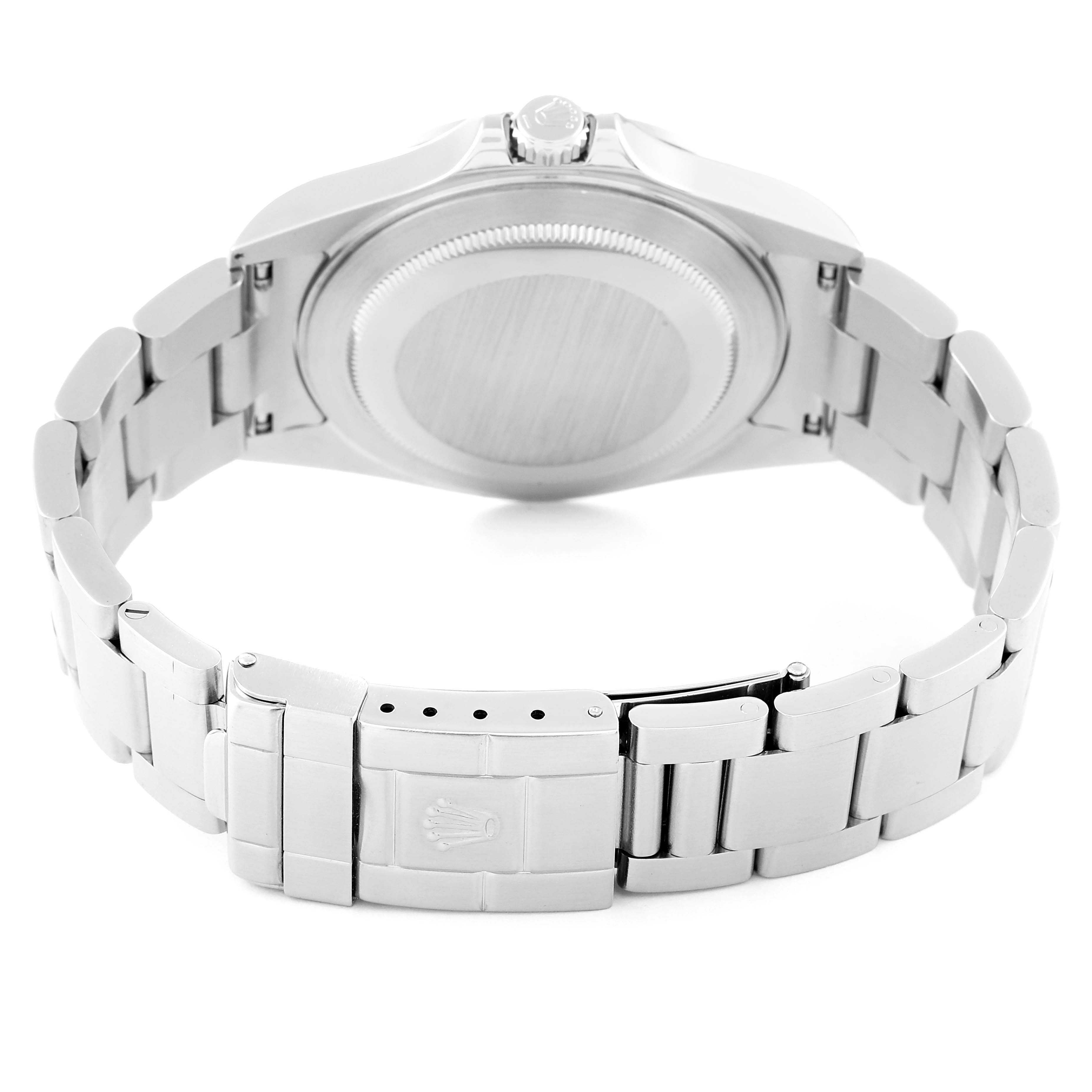 The image shows the back case and clasp of a Rolex Explorer 16570 Men
s Stainless Steel Black Dial 16570 Men
s Stainless Steel Black Dial watch from a rear angle.