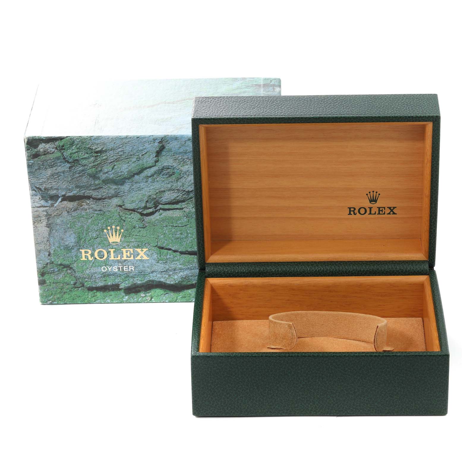 This image shows a Rolex Explorer 16570 Men
s Stainless Steel Black Dial 16570 Men
s Stainless Steel Black Dial model watch box in an open position with branding on both the box and outer packaging.