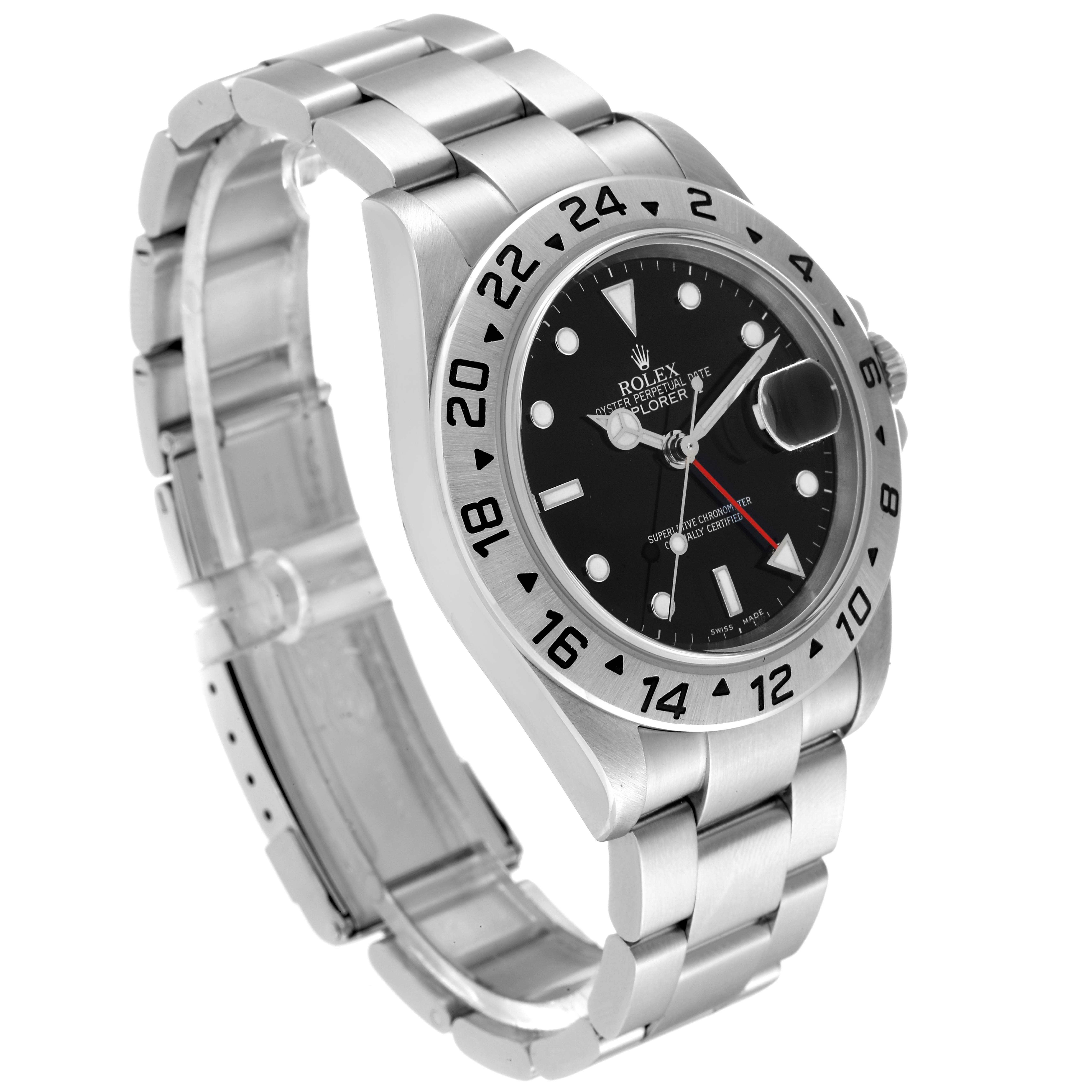 The image shows a Rolex Explorer 16570 Men
s Stainless Steel Black Dial 16570 Men
s Stainless Steel Black Dial model watch from an angled side view, highlighting its case, dial, bezel, and bracelet.