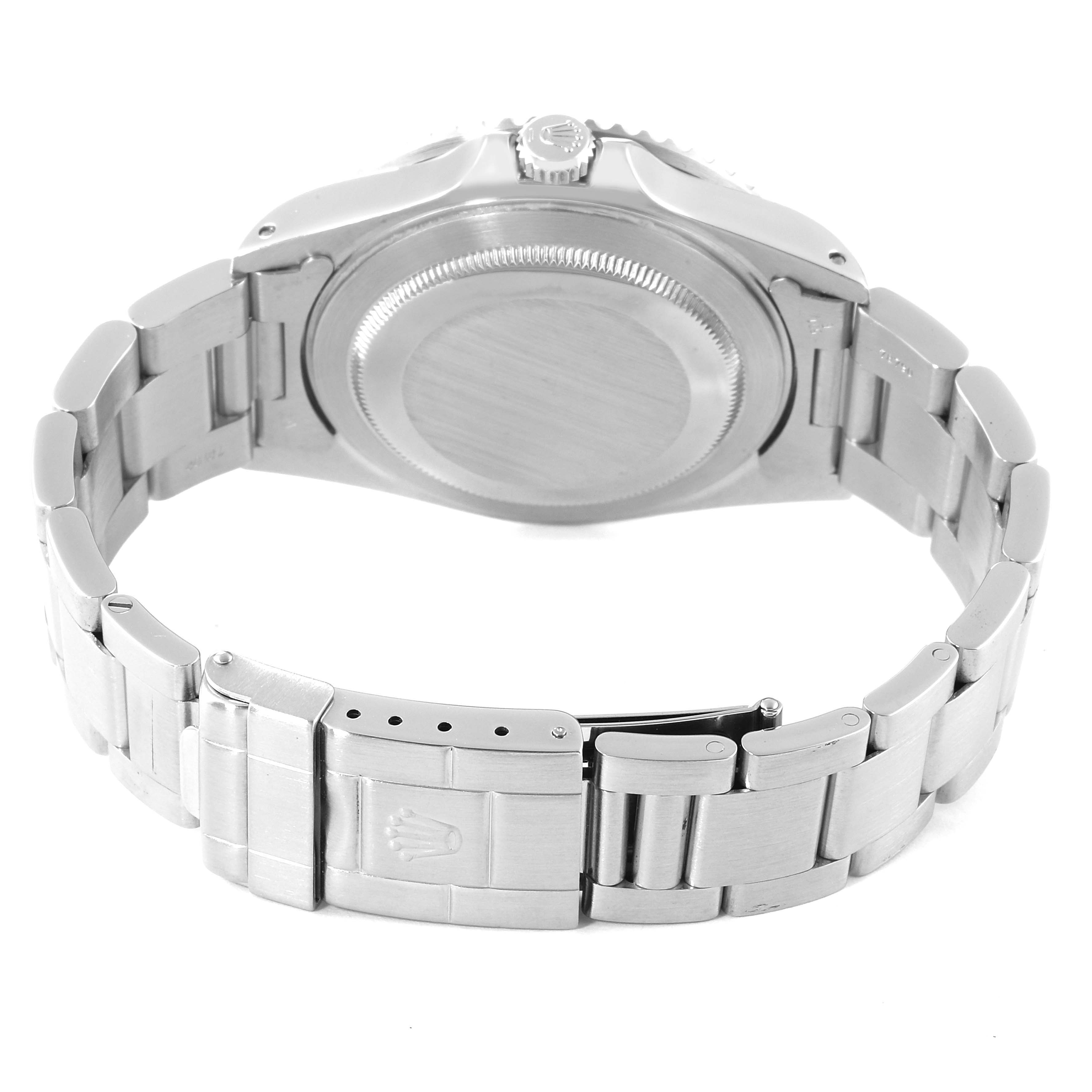 This image shows the case back, bracelet, and clasp of a Rolex GMT-Master 16710 Men's Stainless Steel Black Dial 16710 Men's Stainless Steel Black Dial watch from a rear angle.