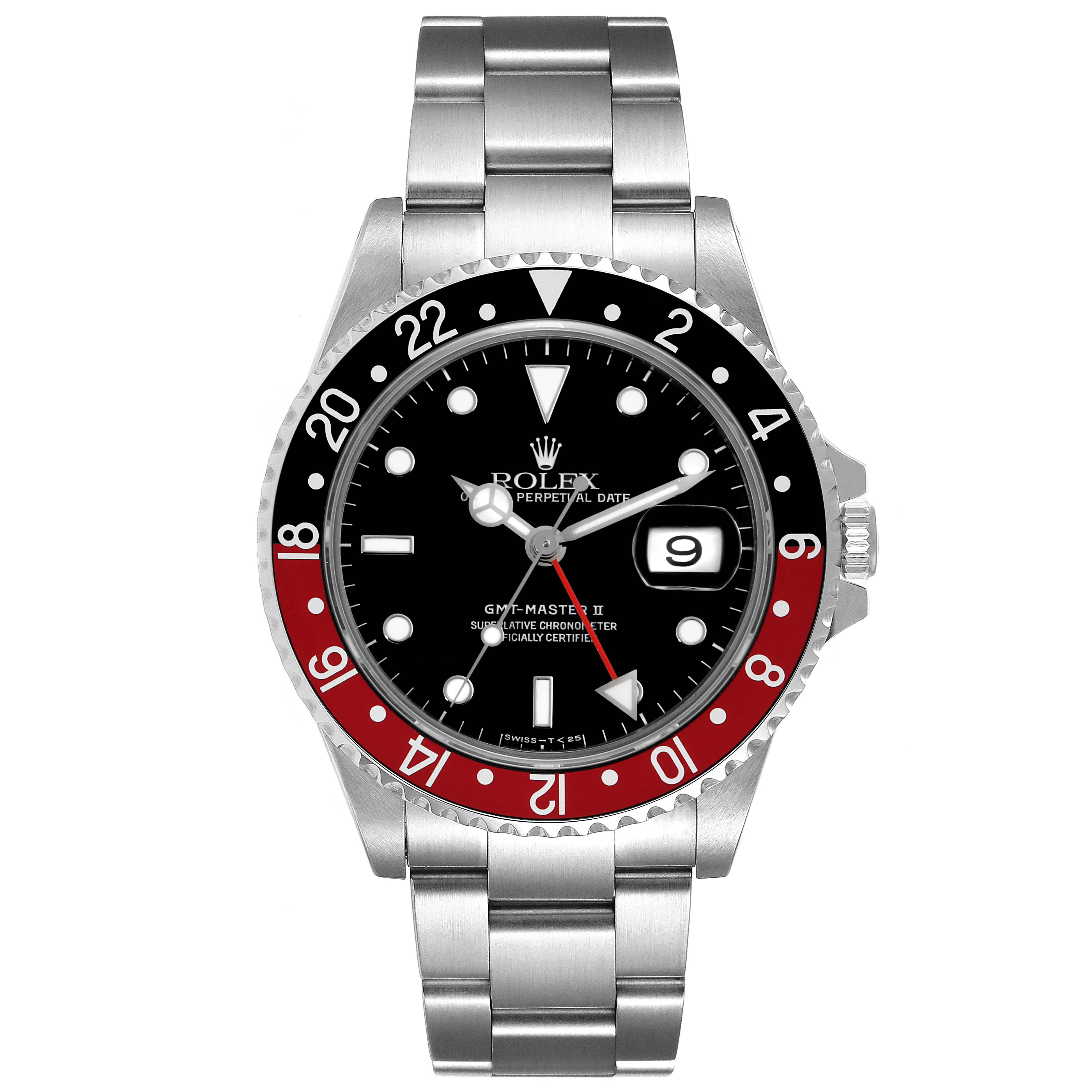This image shows a front-facing view of a Rolex GMT-Master 16710 Men's Stainless Steel Black Dial 16710 Men's Stainless Steel Black Dial II watch, displaying the dial, bezel, and bracelet.