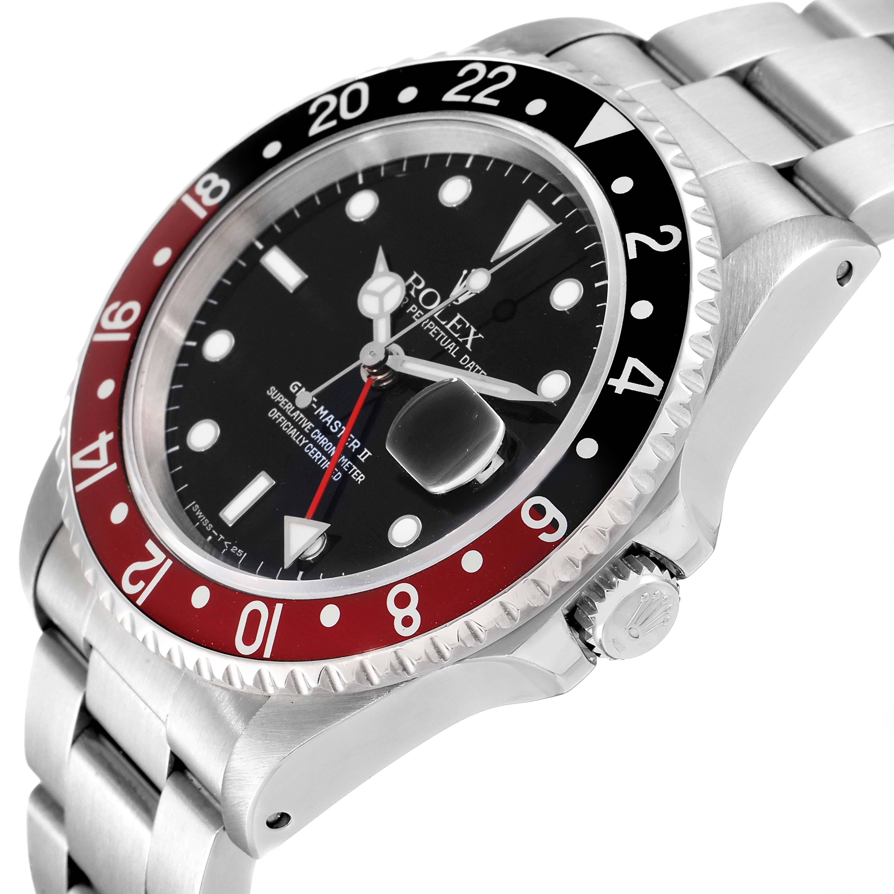 This image shows a side-angle close-up of the Rolex GMT-Master 16710 Men's Stainless Steel Black Dial 16710 Men's Stainless Steel Black Dial II watch, highlighting its bezel, dial, case, and bracelet.