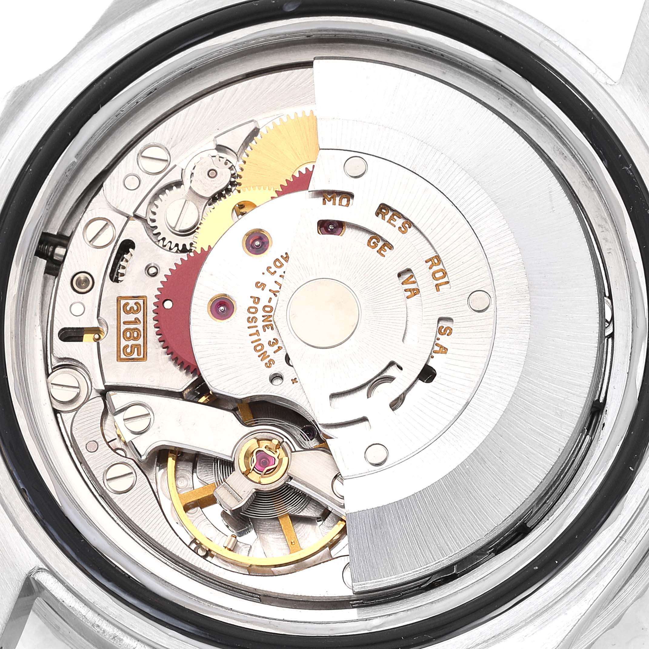 The image shows the inner mechanical movement of a Rolex GMT-Master 16710 Men's Stainless Steel Black Dial 16710 Men's Stainless Steel Black Dial watch from the back.