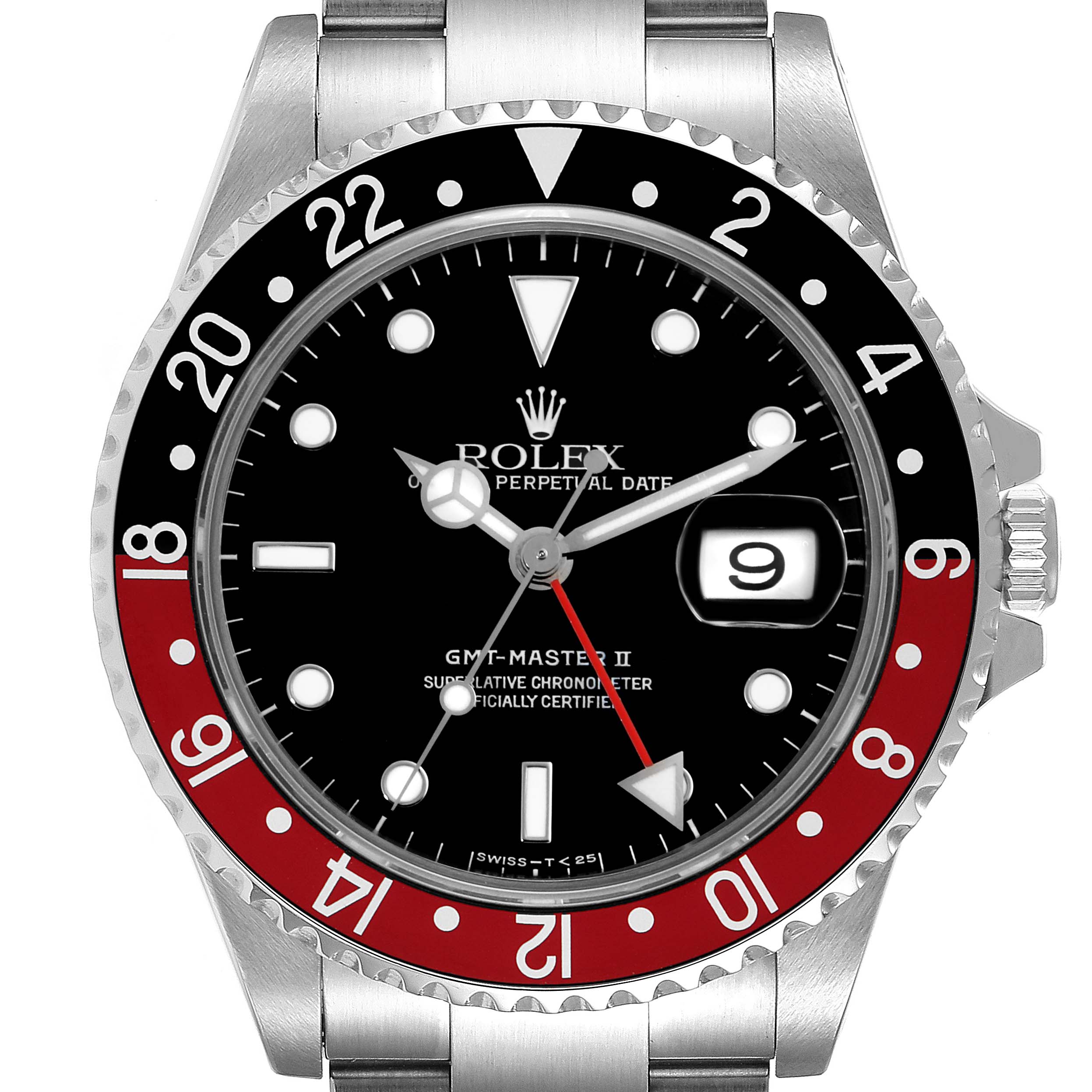 Front view of the Rolex GMT-Master 16710 Men's Stainless Steel Black Dial 16710 Men's Stainless Steel Black Dial II, displaying the dial, bezel, and bracelet.