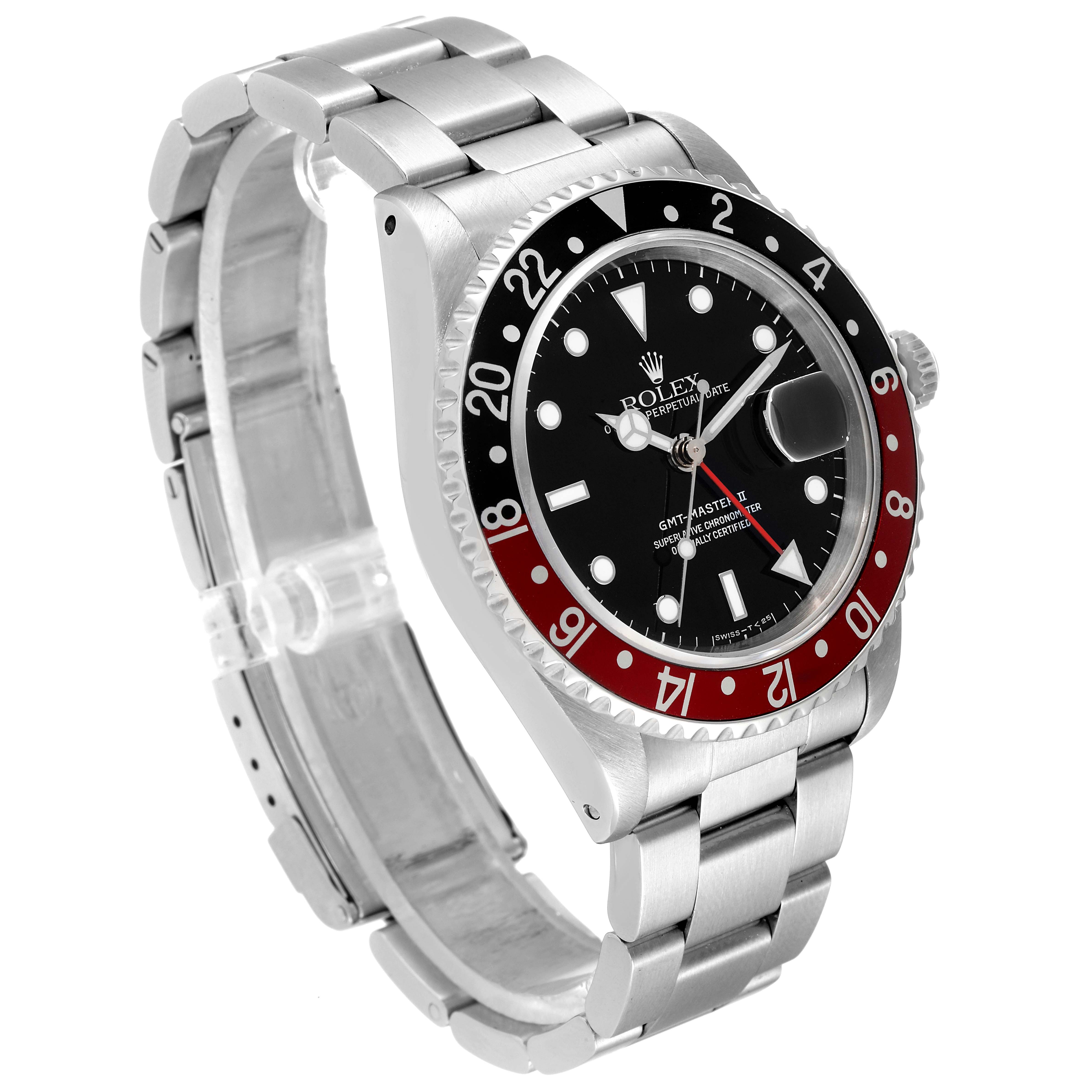 The Rolex GMT-Master 16710 Men's Stainless Steel Black Dial 16710 Men's Stainless Steel Black Dial watch is shown at an angle, displaying the face, bezel, and part of the stainless steel bracelet.