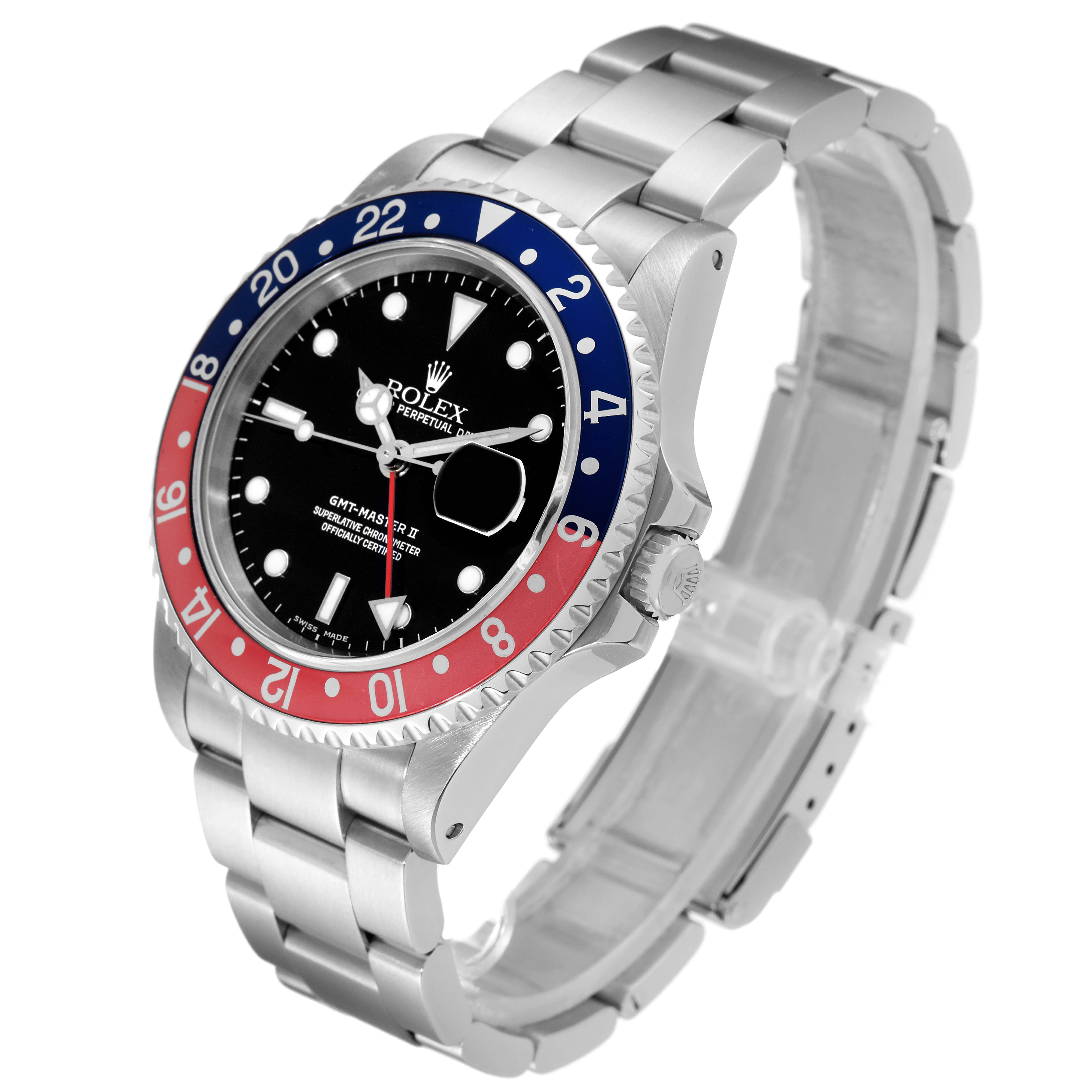 The image shows a Rolex GMT-Master 16710 Men's Stainless Steel Black Dial 16710 Men's Stainless Steel Black Dial II watch at an angled side view highlighting the bezel, face, and part of the bracelet.