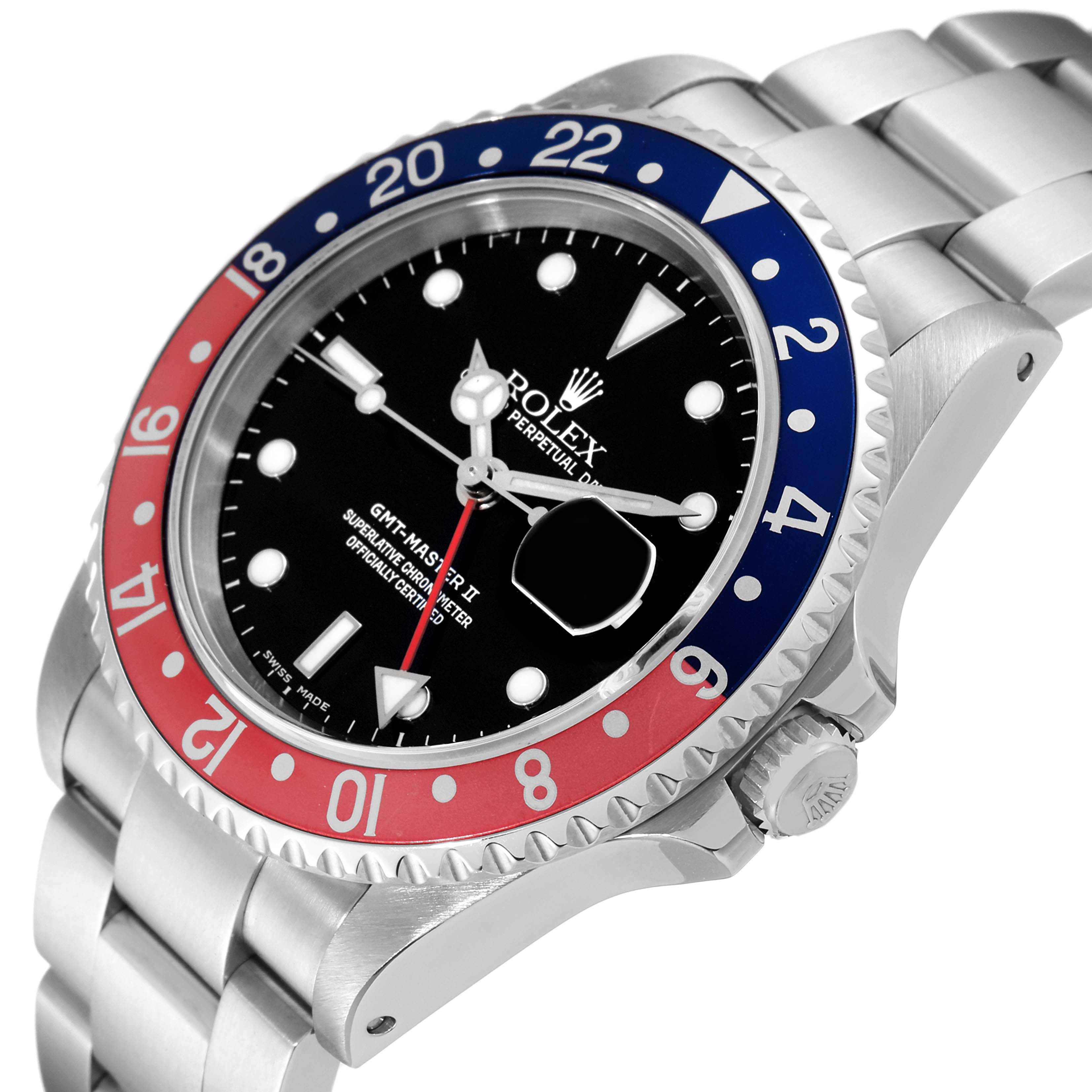 The image shows a Rolex GMT-Master 16710 Men's Stainless Steel Black Dial 16710 Men's Stainless Steel Black Dial watch at an angled side view, highlighting the dial, bezel, crown, and part of the bracelet.