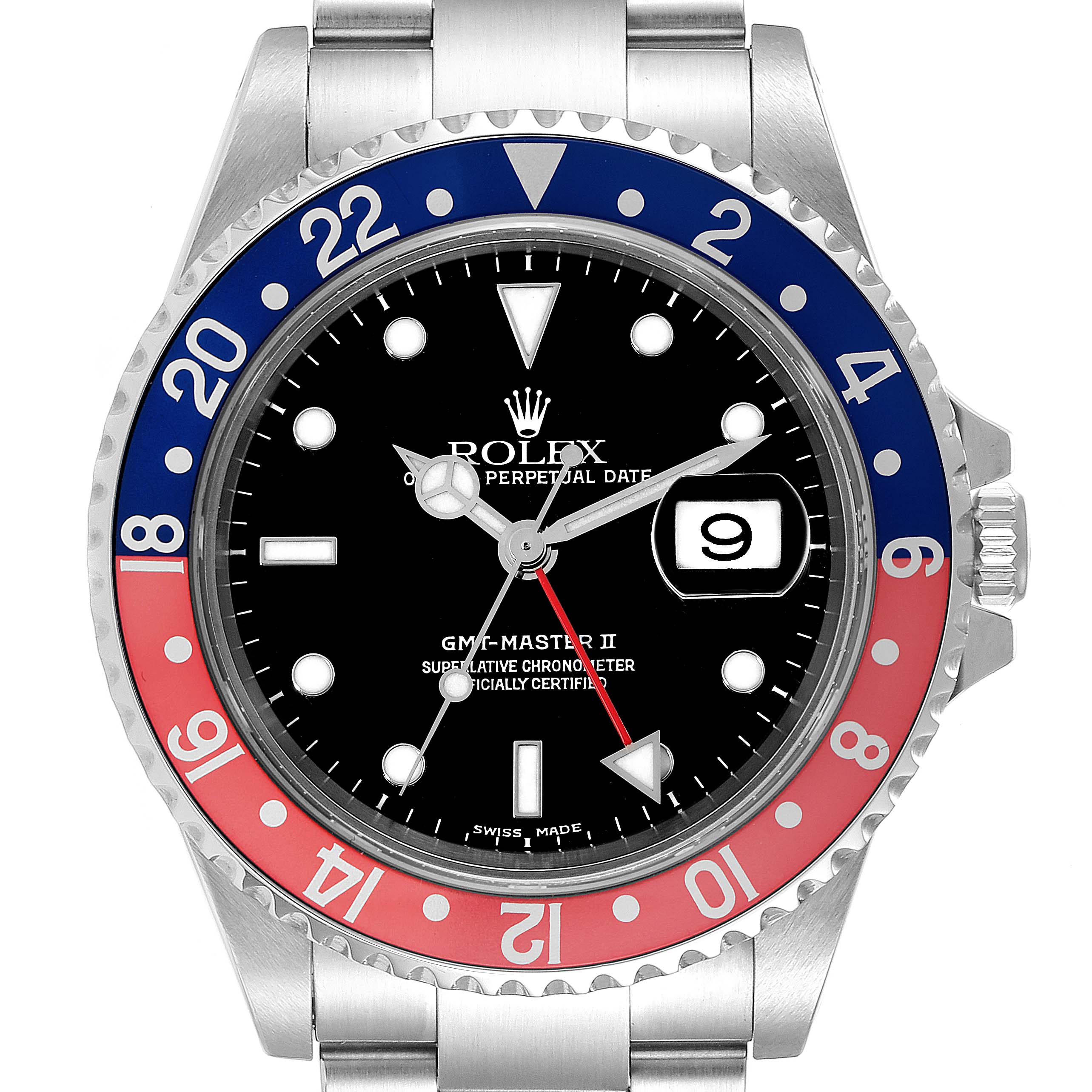 The image shows a front view of the Rolex GMT-Master 16710 Men's Stainless Steel Black Dial 16710 Men's Stainless Steel Black Dial II watch, highlighting the bezel, dial, and bracelet.