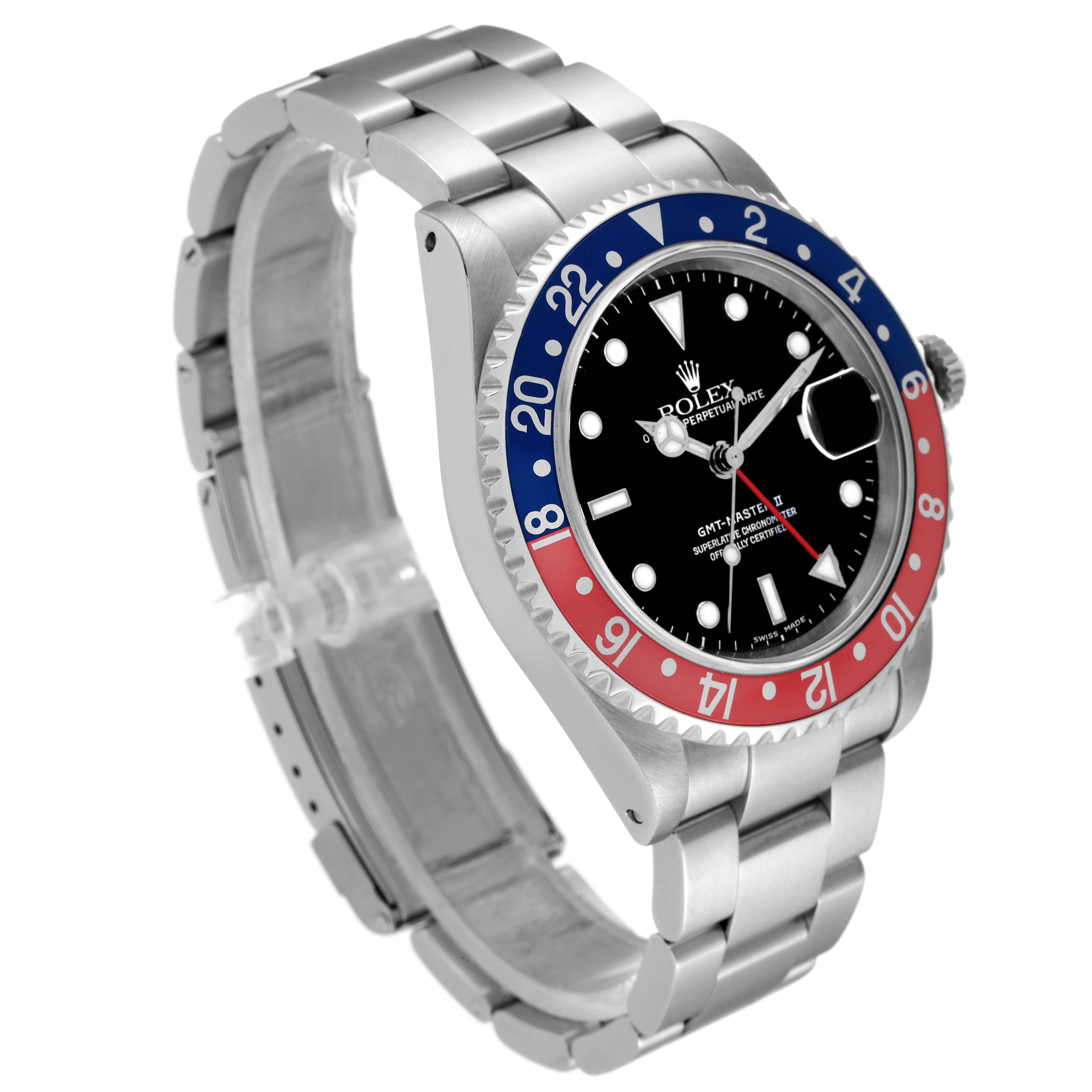 The image shows a side and front angle of the Rolex GMT-Master 16710 Men's Stainless Steel Black Dial 16710 Men's Stainless Steel Black Dial watch, highlighting the bezel and bracelet.