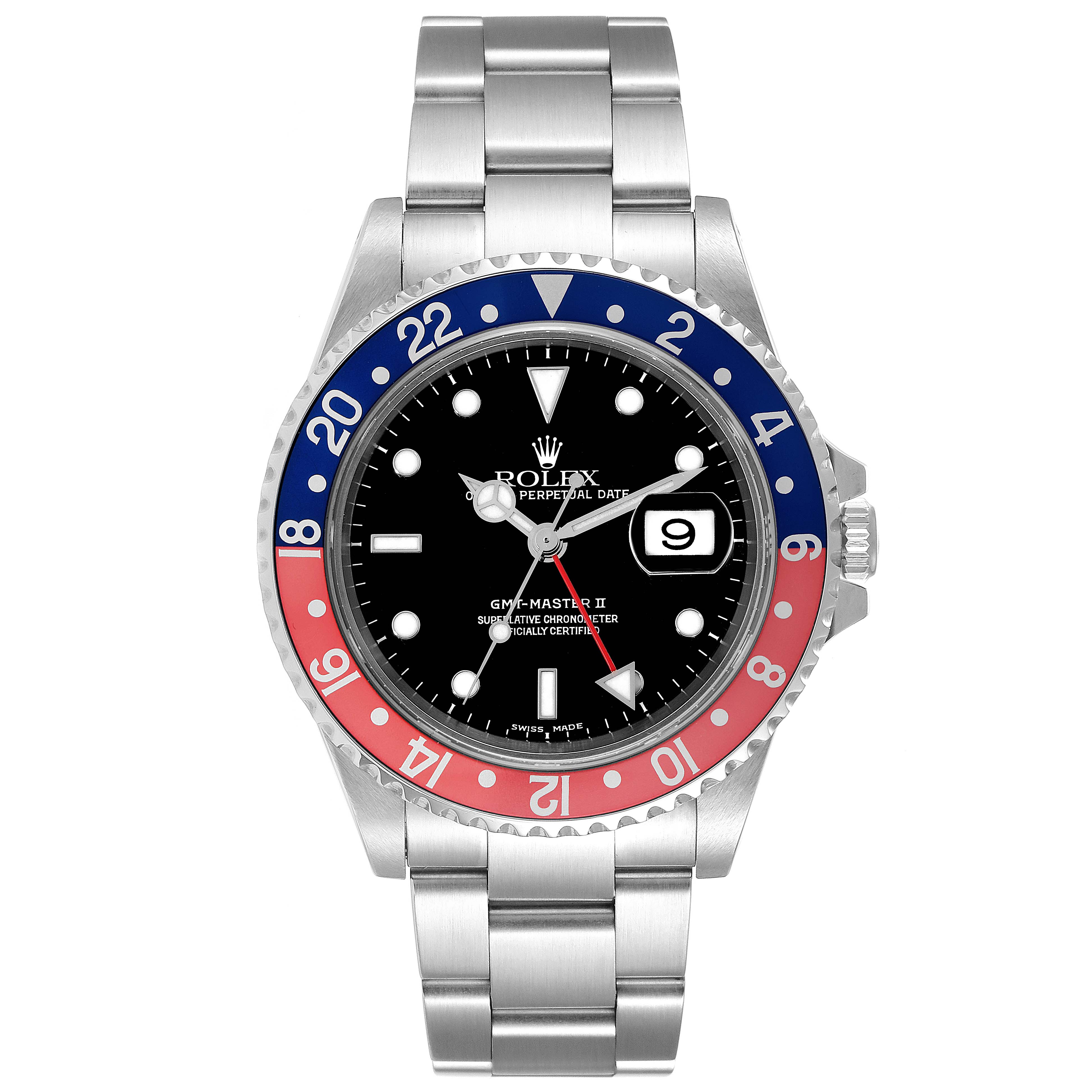 The image shows a front view of the Rolex GMT-Master 16710 Men's Stainless Steel Black Dial 16710 Men's Stainless Steel Black Dial II watch, highlighting its dial, bezel, and bracelet.