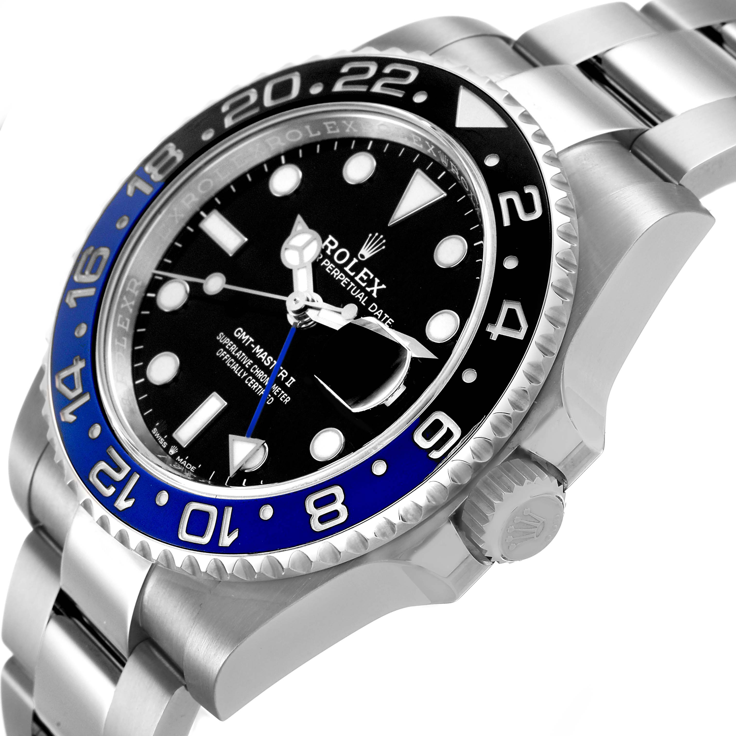 The image shows a Rolex GMT-Master M126710BLNR-0003 Men's Stainless Steel Black Dial watch at an angled side view, highlighting the bezel, crown, and bracelet links.