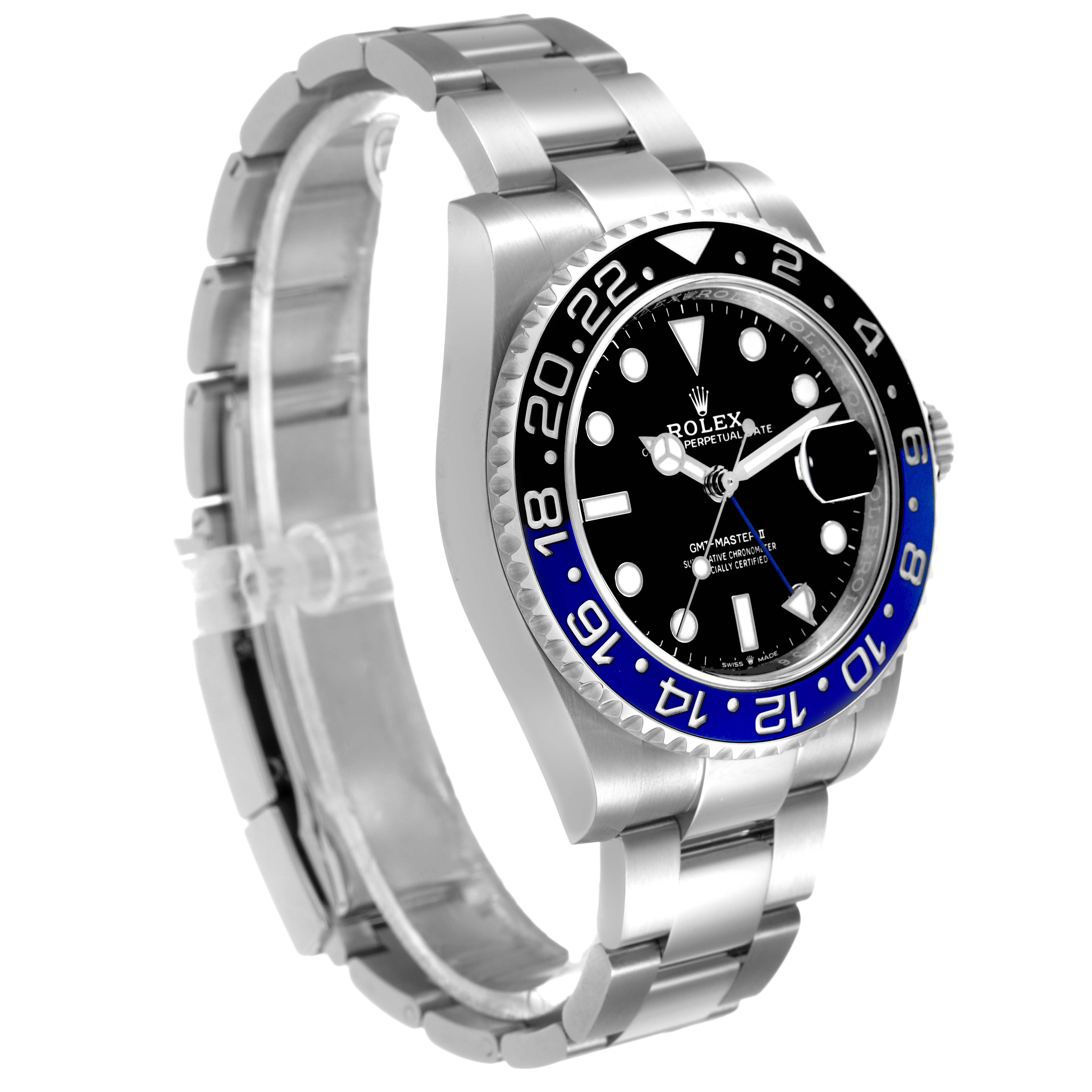 The Rolex GMT-Master M126710BLNR-0003 Men's Stainless Steel Black Dial watch is shown at an angled view, displaying the bezel, dial, crown, and bracelet.