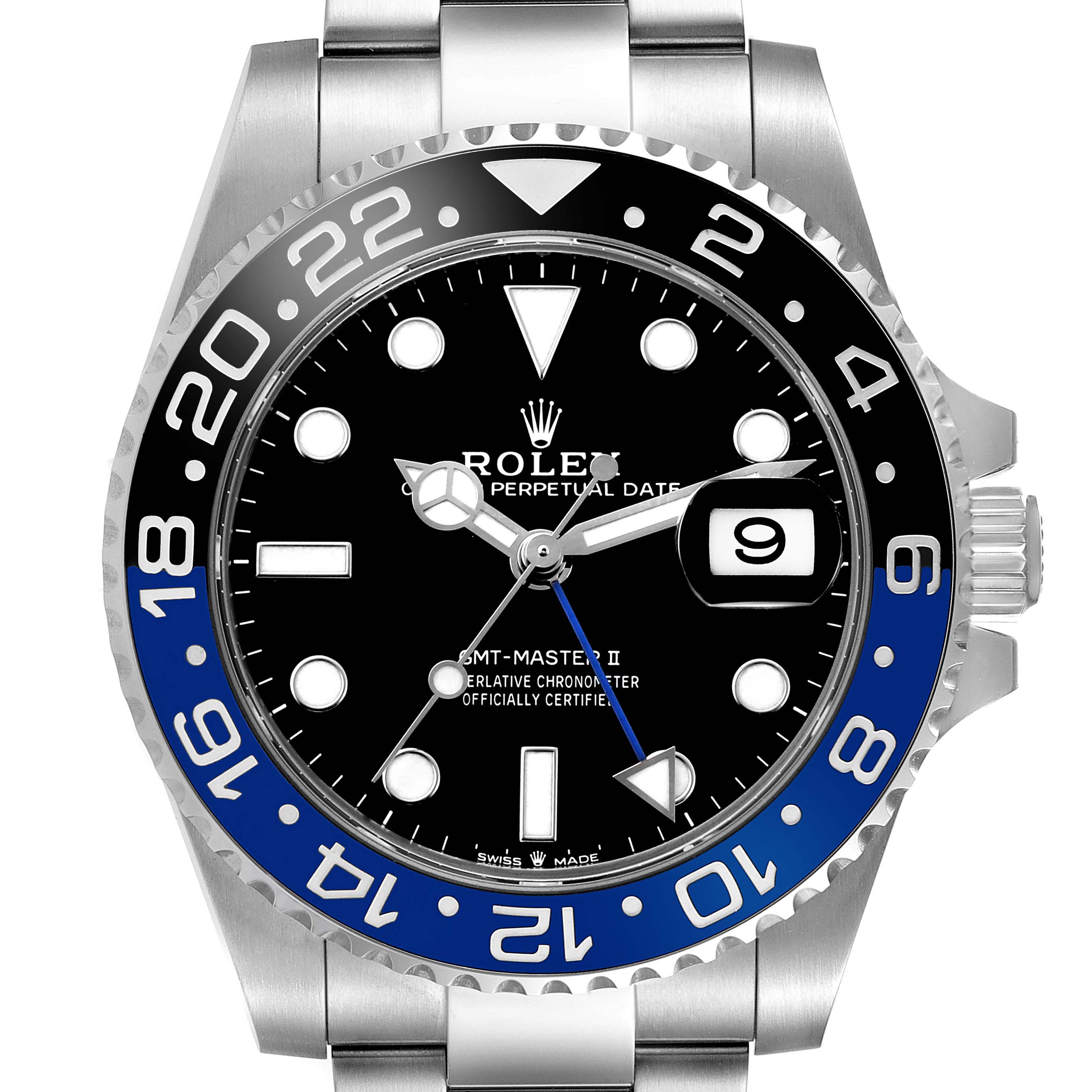 The Rolex GMT-Master M126710BLNR-0003 Men's Stainless Steel Black Dial watch is shown from the front, highlighting the bezel, dial, and date window.