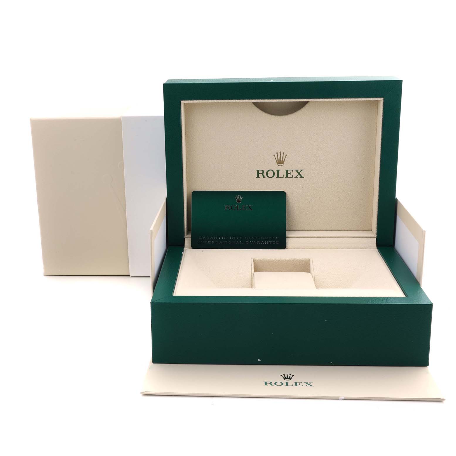 The image shows a Rolex GMT-Master M126710BLNR-0003 Men's Stainless Steel Black Dial watch box set including a storage box, international guarantee card, and outer packaging.
