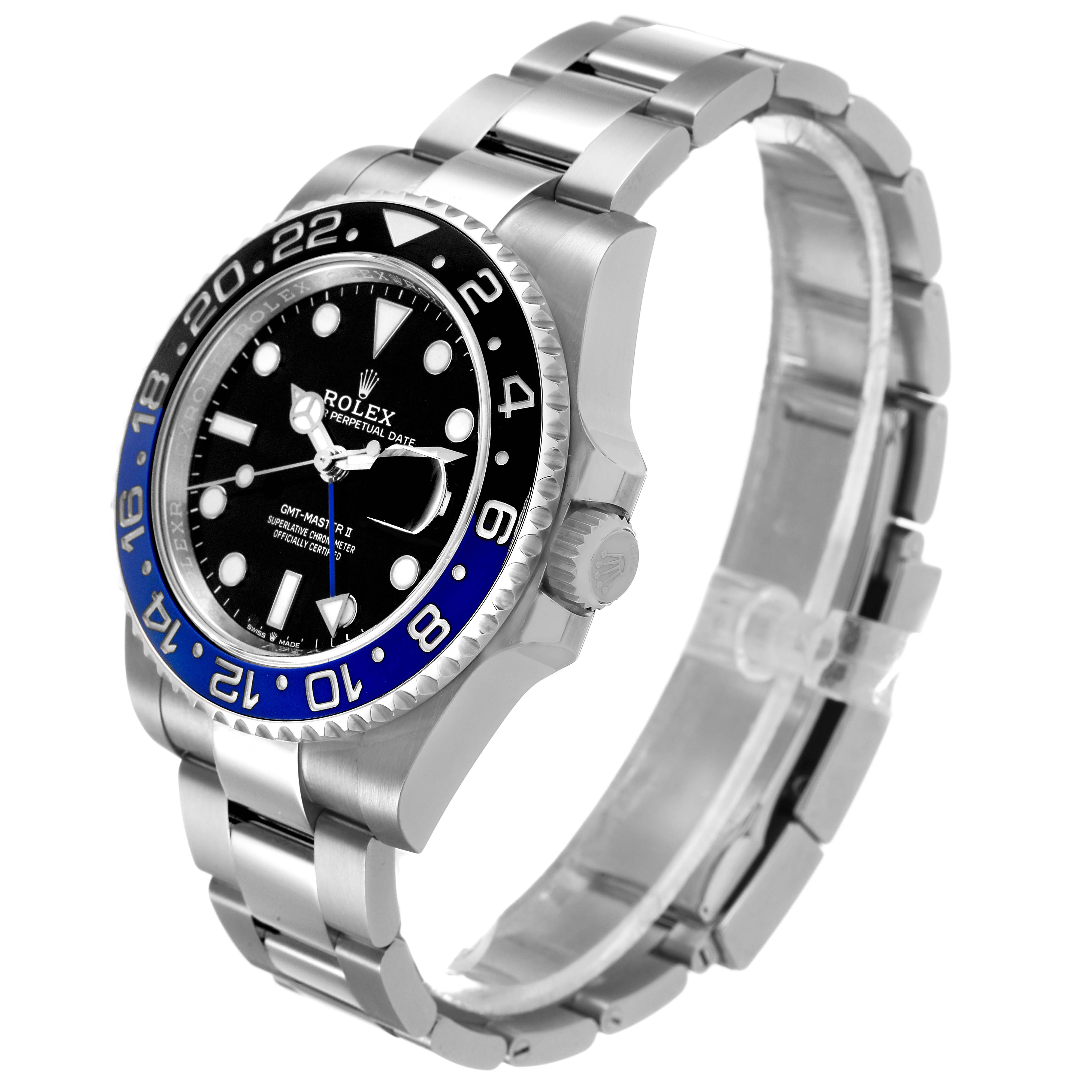 The Rolex GMT-Master M126710BLNR-0003 Men's Stainless Steel Black Dial watch is shown at an angled side view, displaying the bezel, face, crown, and bracelet.