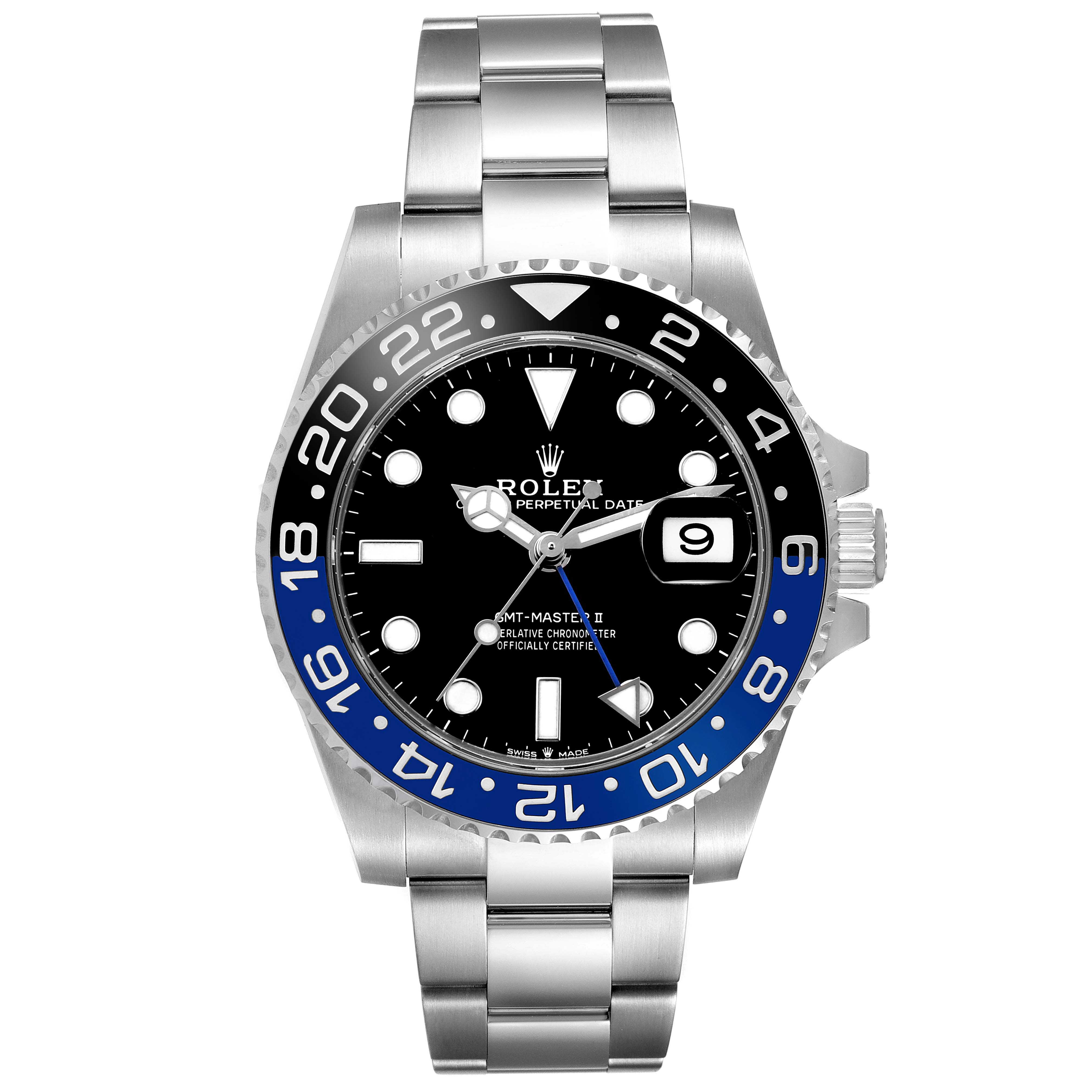 The Rolex GMT-Master M126710BLNR-0003 Men's Stainless Steel Black Dial watch is shown from the front, highlighting the bezel, dial, hands, crown, and bracelet.