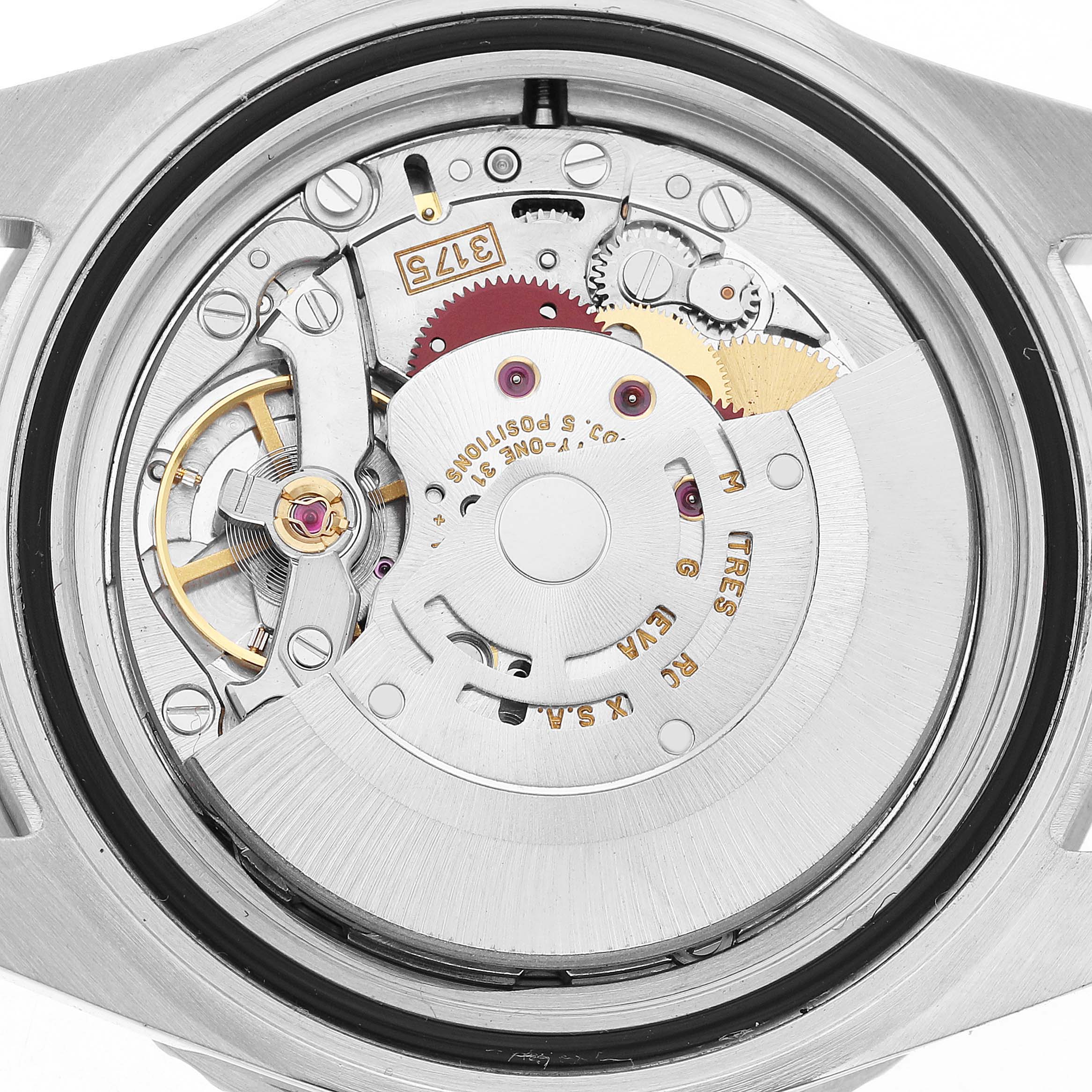 The image shows the inner mechanical movement of a Rolex Yacht-Master 16700 Men's Stainless Steel Black Dial watch from a back view angle.