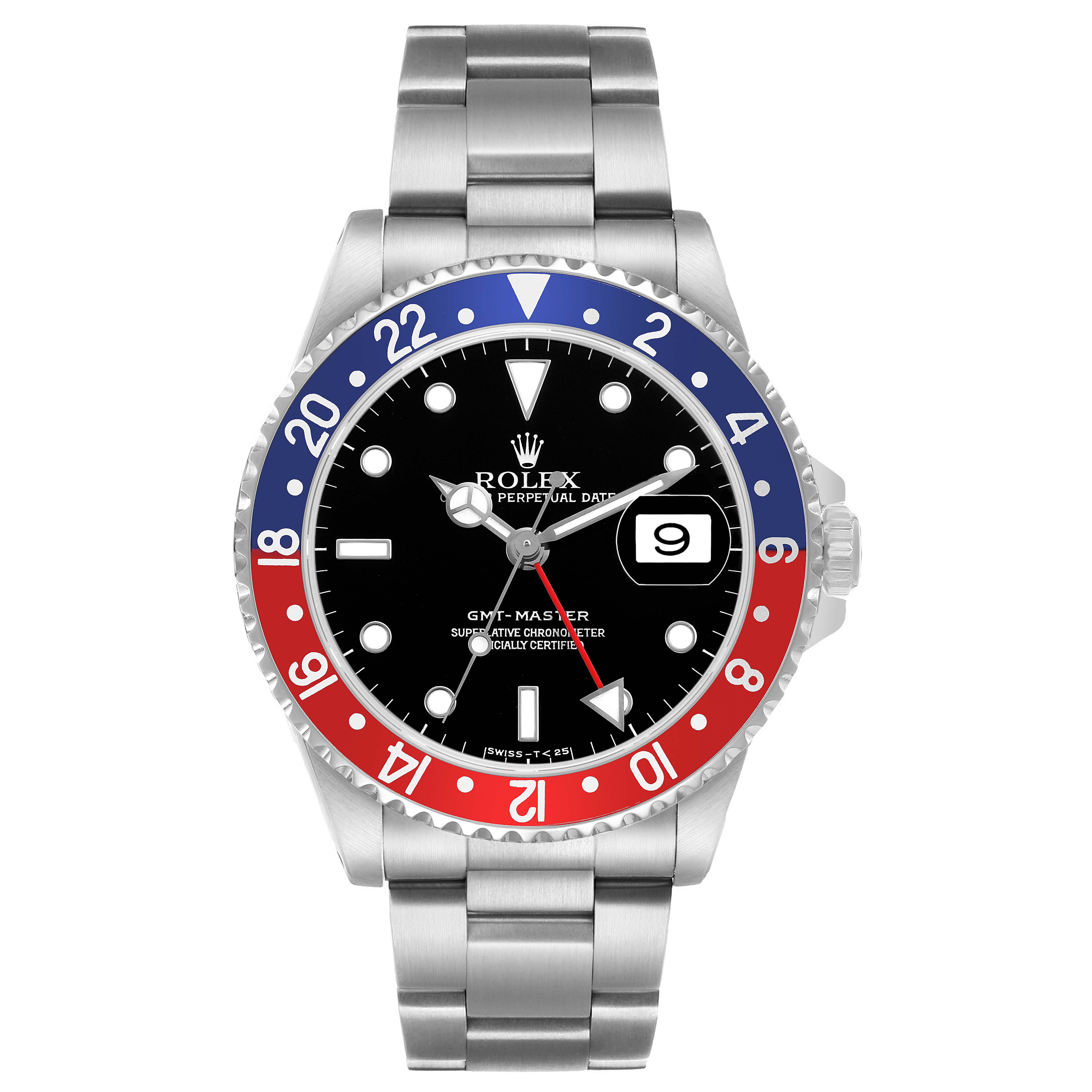 The image shows a frontal view of a Rolex Yacht-Master 16700 Men's Stainless Steel Black Dial with its bezel, dial, and bracelet prominently displayed.