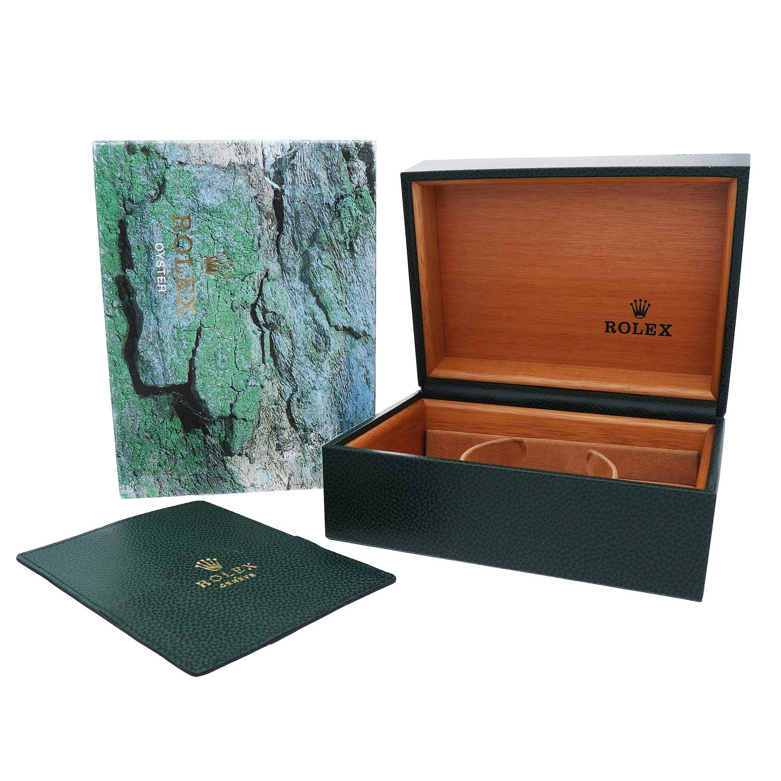 The image shows a Rolex Yacht-Master 16700 Men's Stainless Steel Black Dial box set, including a green textured box, a booklet, and an outer box.