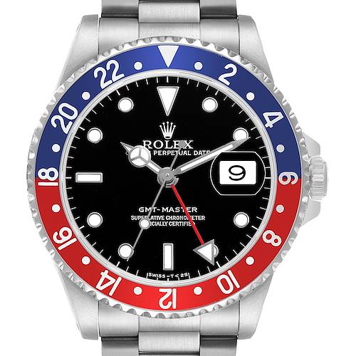 The image shows a front view of a Rolex GMT-Master watch, featuring a red and blue bezel and a black dial.