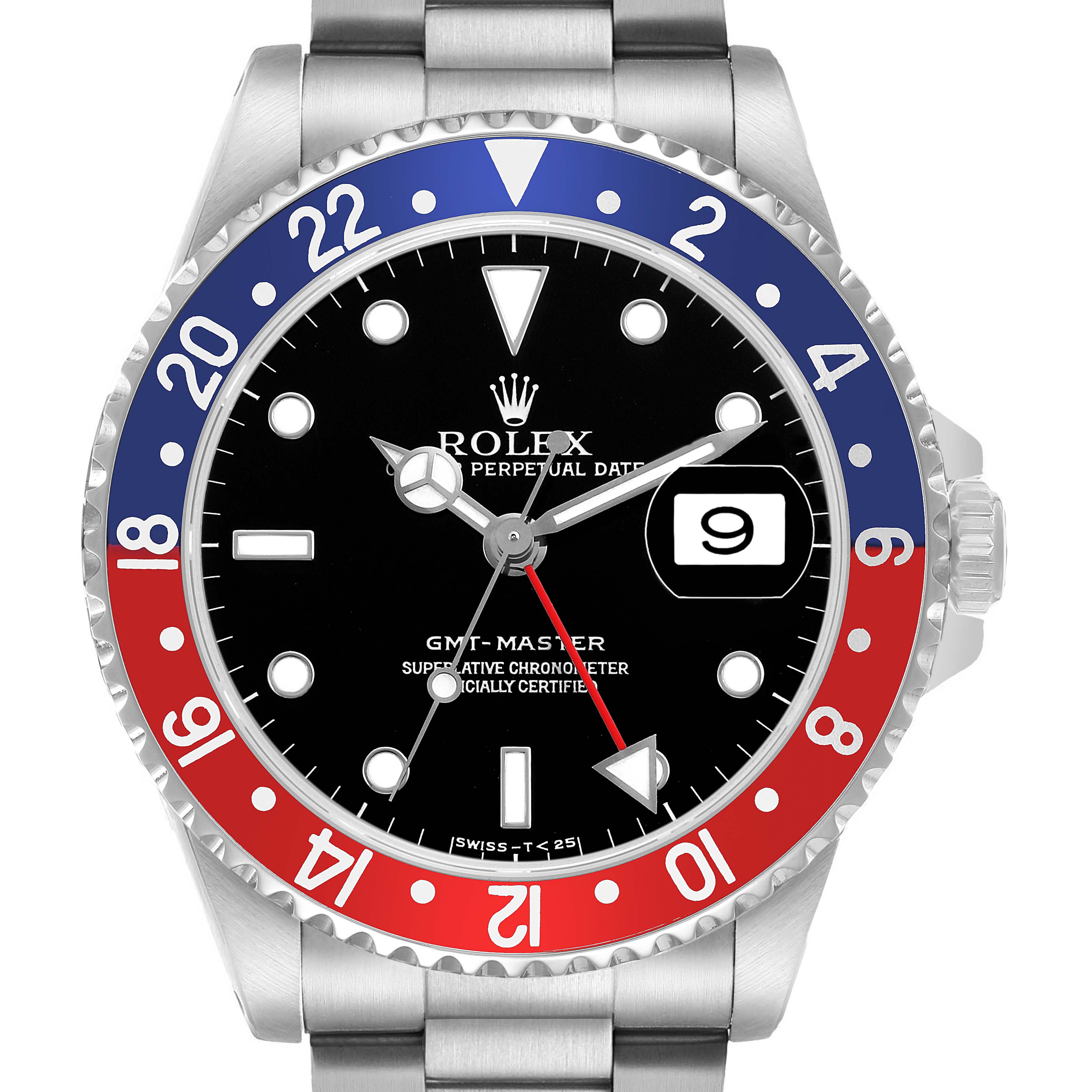 This image shows a Rolex GMT-Master with a Pepsi bezel from a front angle; it is not a Yacht-Master model.