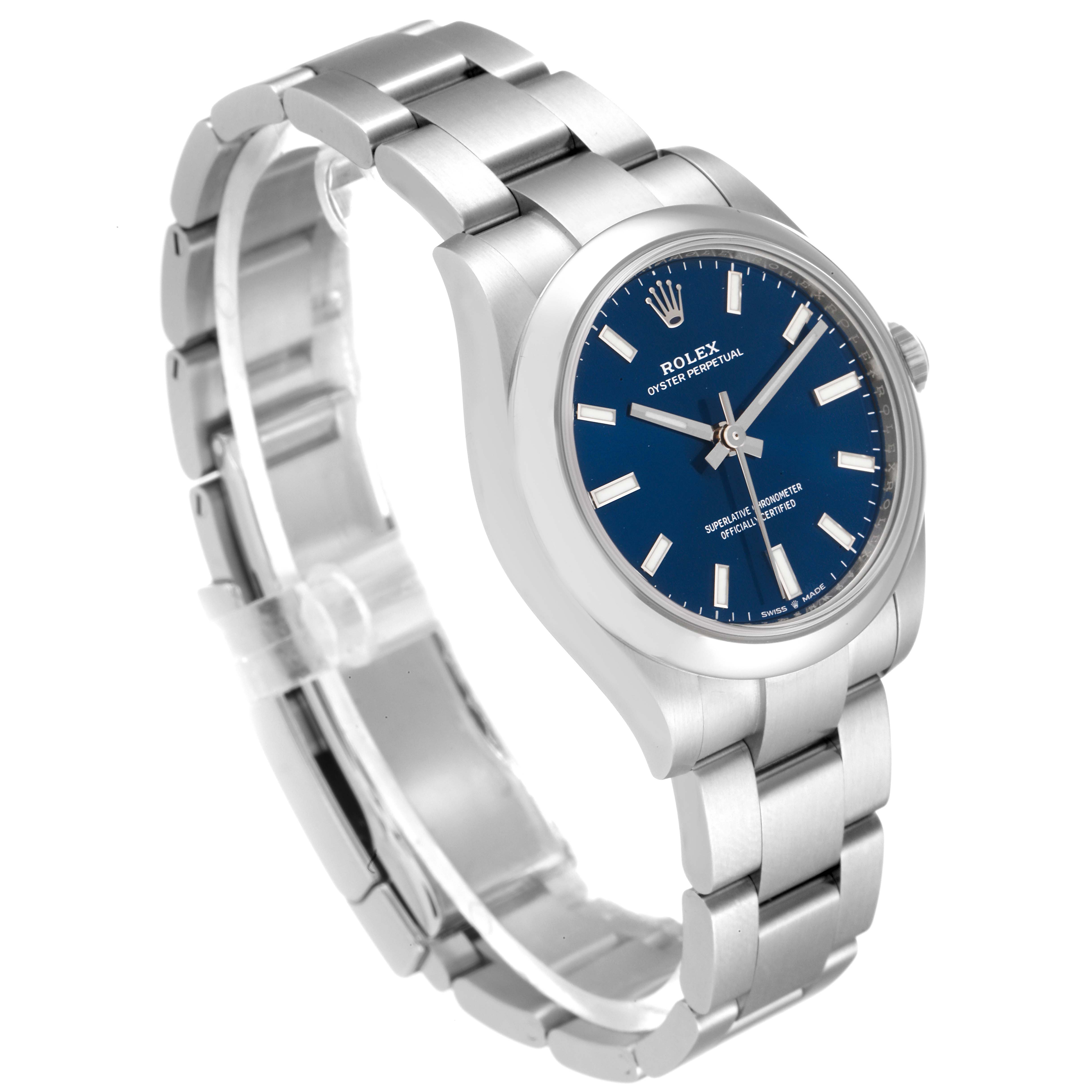 The image shows a Rolex Mid-Size 277200 Women
s Stainless Steel Blue Dial 277200 Women
s Stainless Steel Blue Dial Oyster Perpetual watch at an angle highlighting the metal bracelet and blue dial.