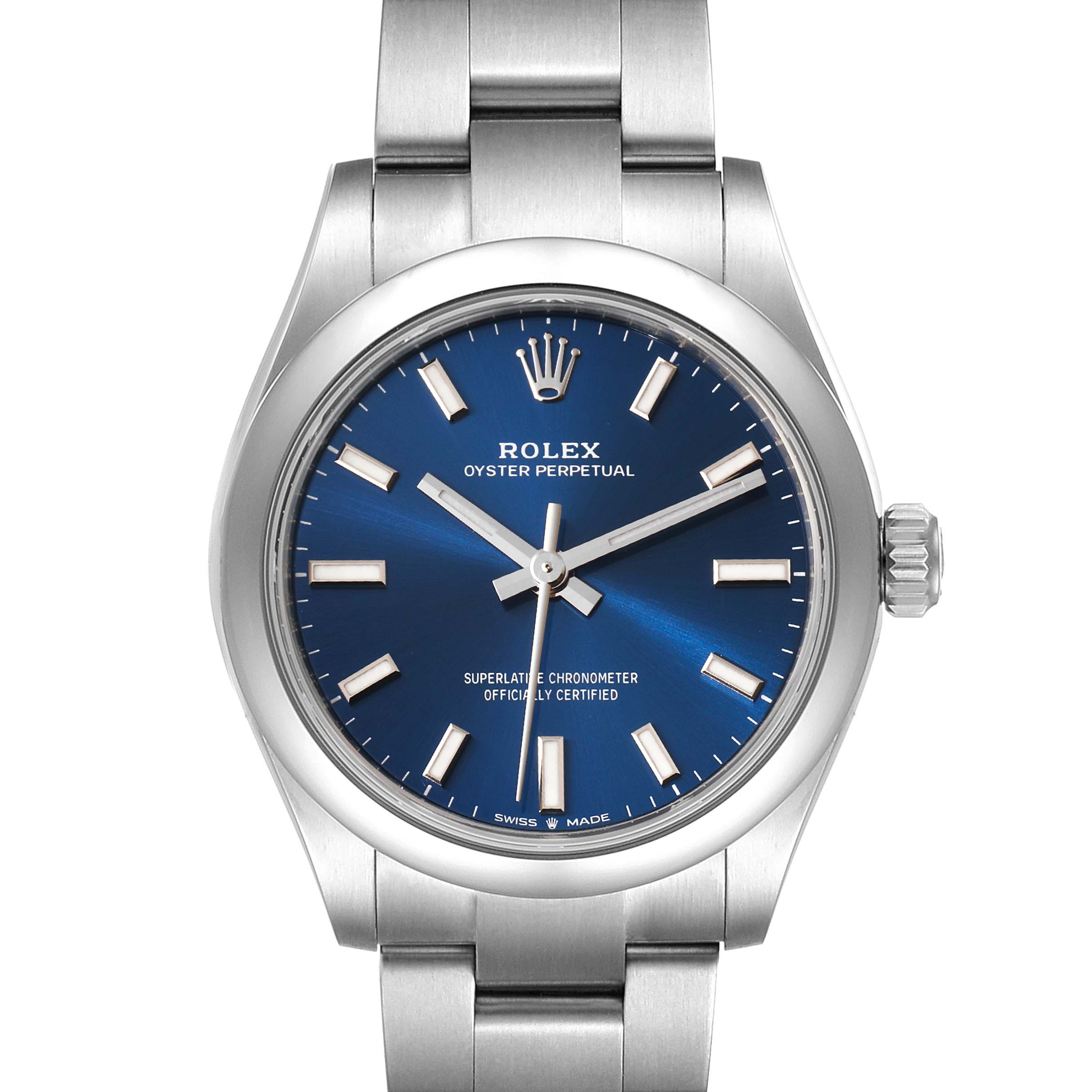 This image shows a front view of the Rolex Mid-Size 277200 Women
s Stainless Steel Blue Dial 277200 Women
s Stainless Steel Blue Dial Oyster Perpetual watch, highlighting its blue dial and stainless steel bracelet.