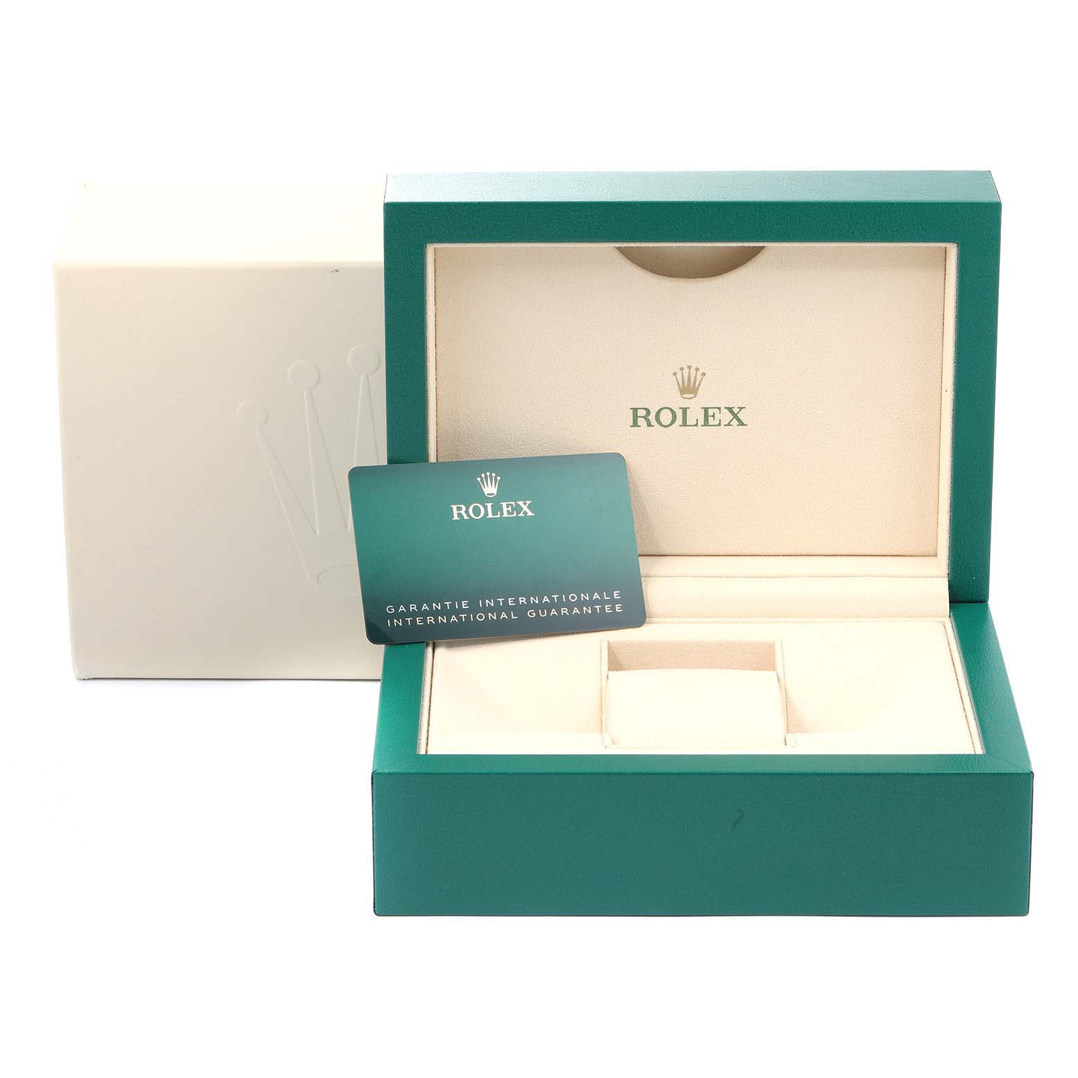 The image shows the green and beige packaging box and guarantee card for a Rolex Mid-Size 277200 Women
s Stainless Steel Blue Dial 277200 Women
s Stainless Steel Blue Dial model, but not the watch itself.