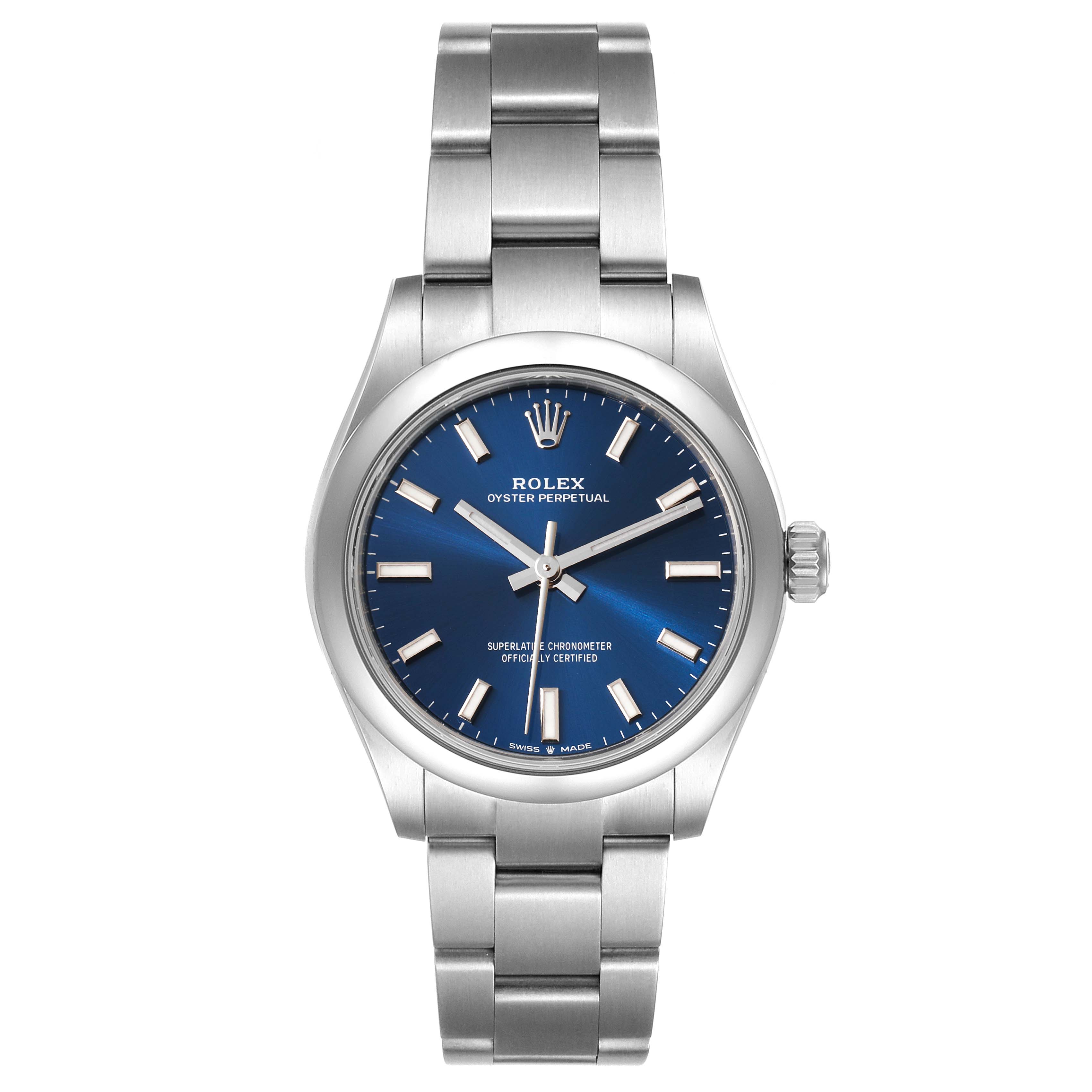 This image shows a front view of the Rolex Oyster Perpetual Mid-Size watch, highlighting its blue dial, hands, and stainless steel bracelet.