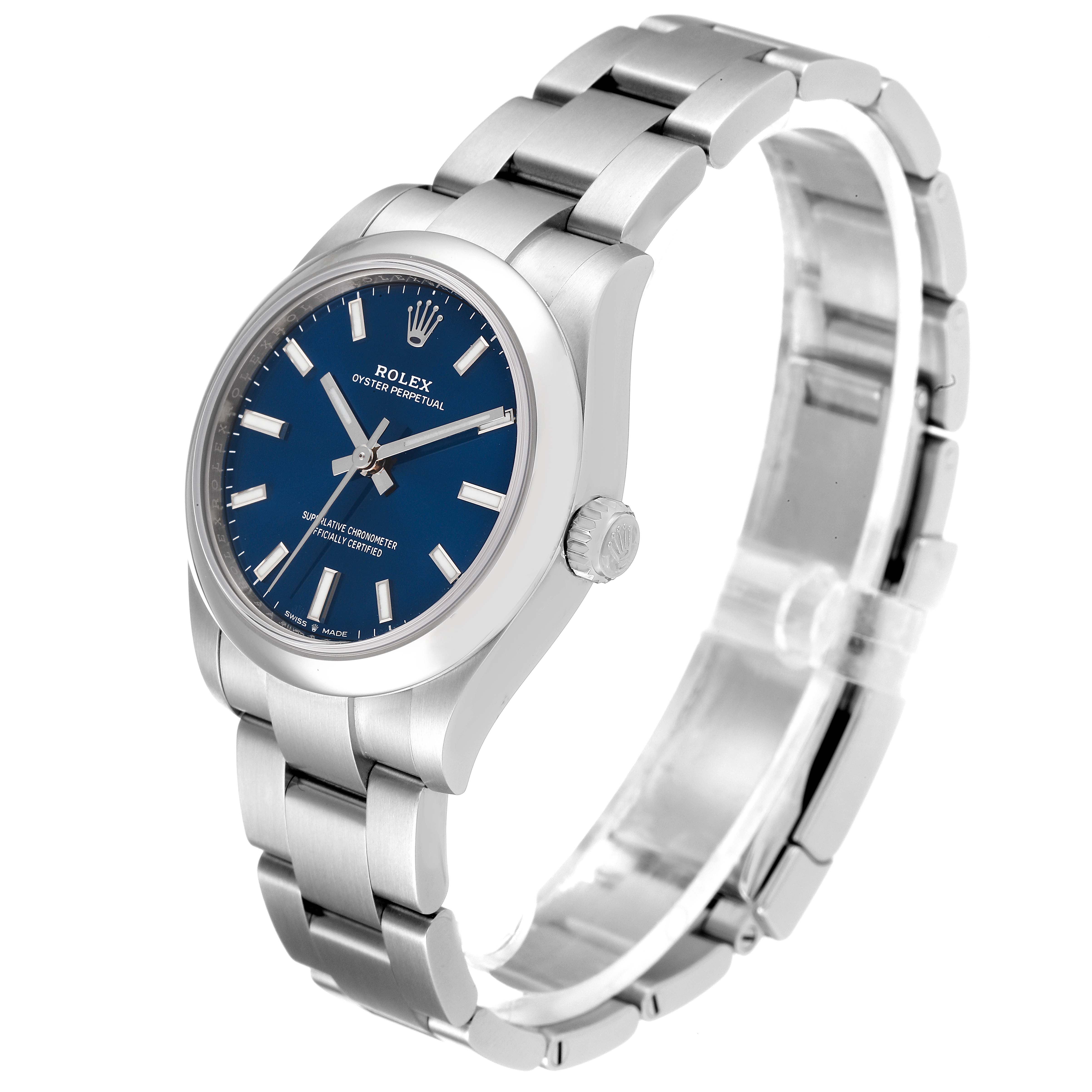 This image shows a Mid-Size Rolex Oyster Perpetual watch at an angled view, focusing on its face, crown, and bracelet.