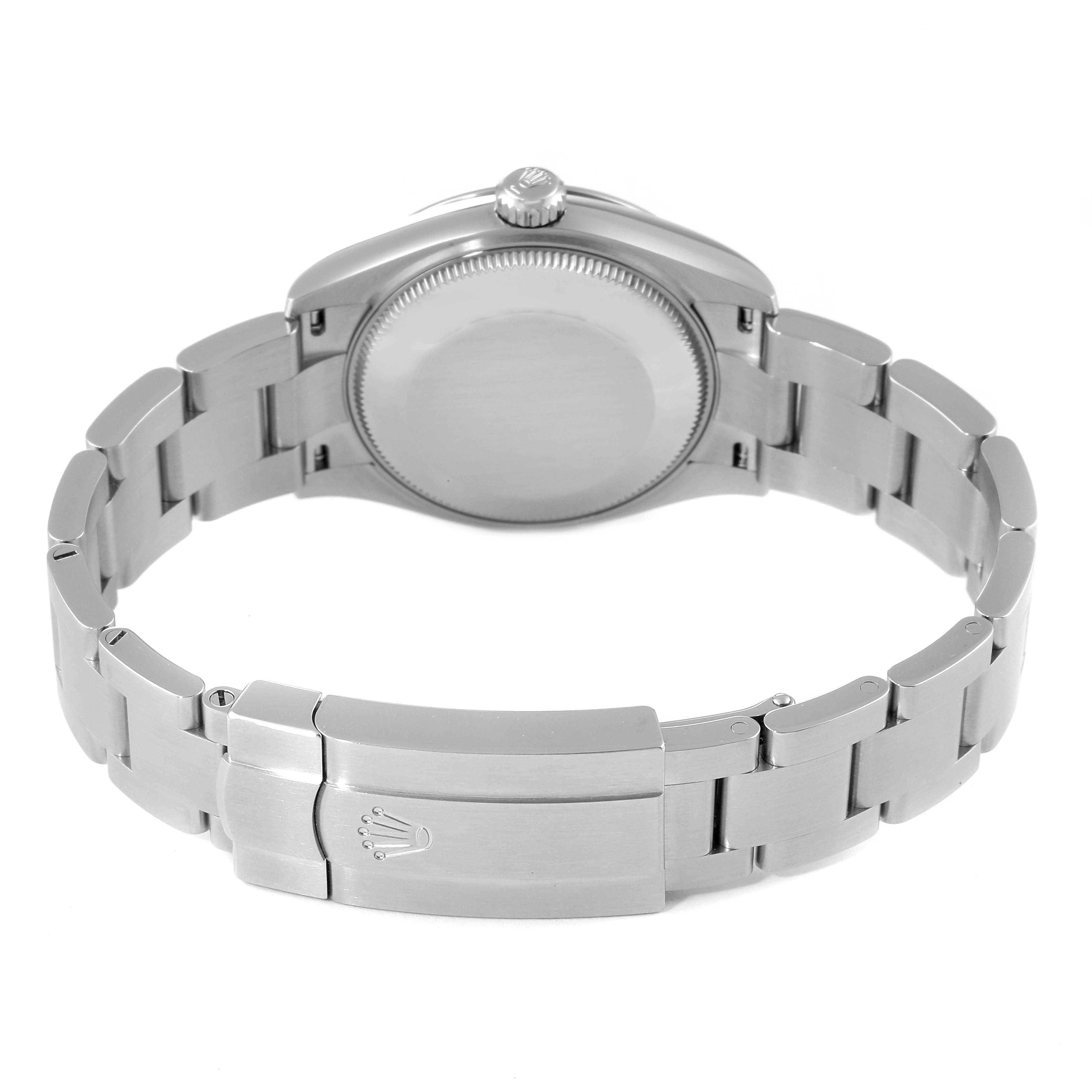 This is a rear view of the Mid-Size Rolex watch, showing the case back, bracelet, and clasp.