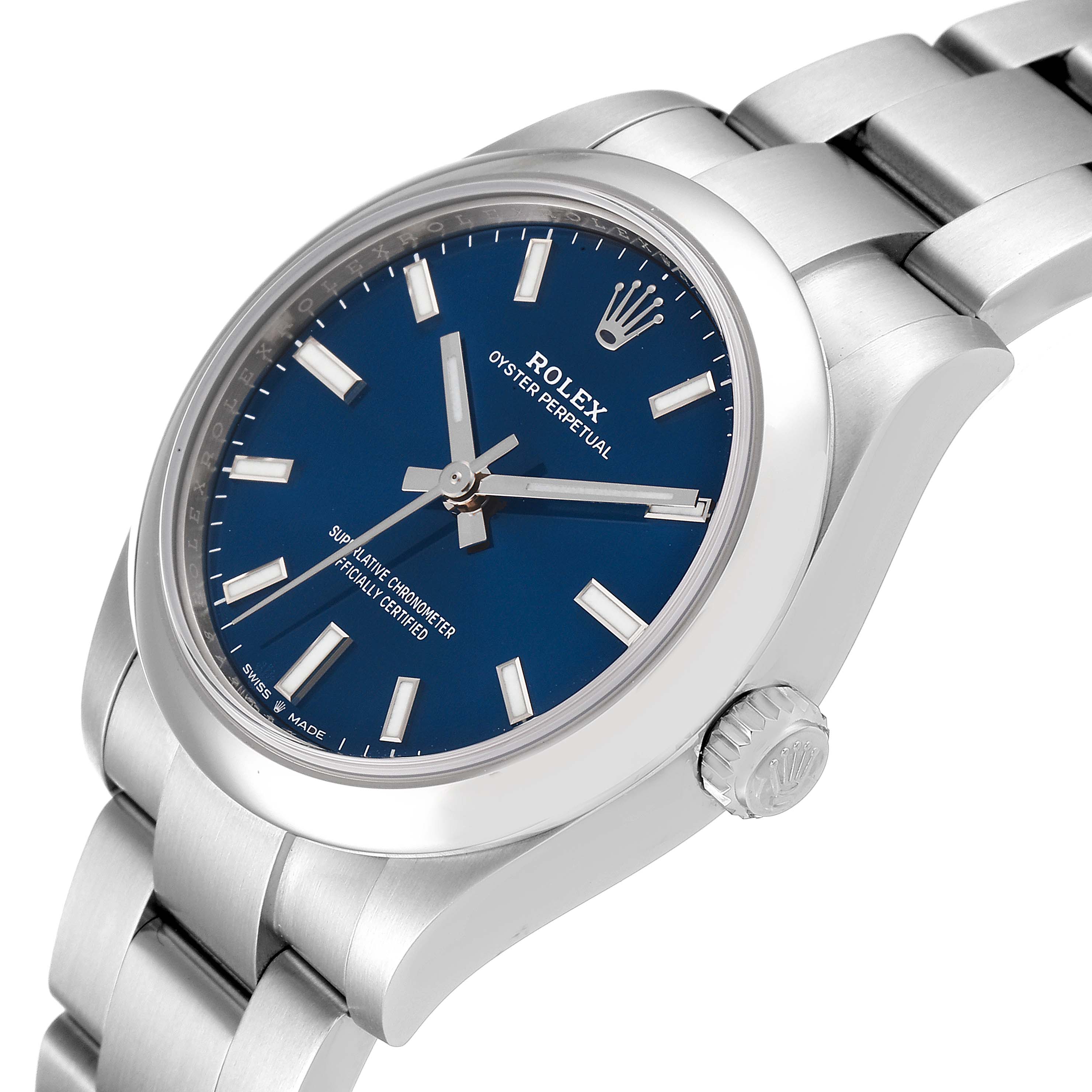 This image shows a Rolex Oyster Perpetual Mid-Size watch at a slight angle, highlighting its blue dial, stainless steel case, and bracelet.