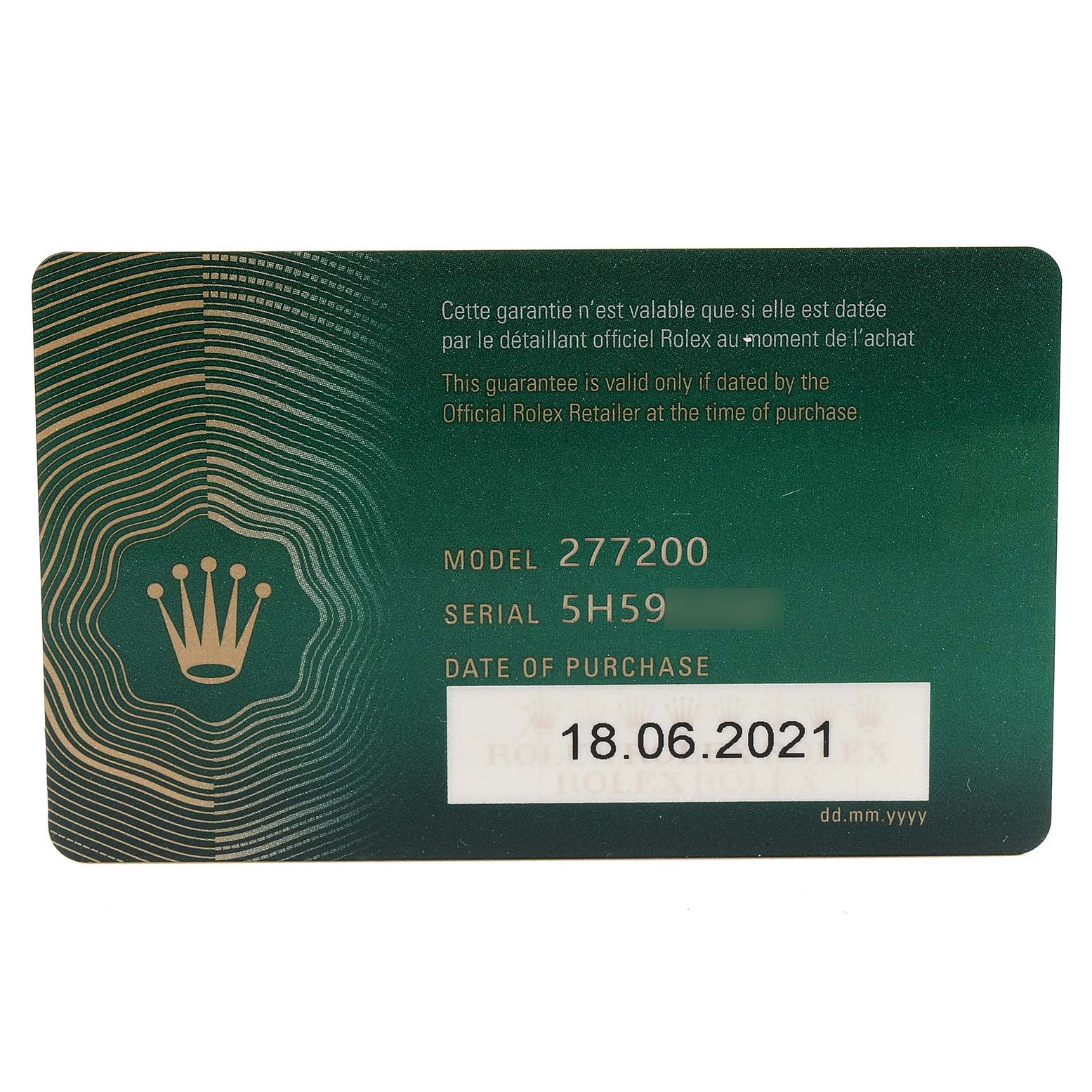 The image shows the warranty card for a Rolex Mid-Size 277200 Women
s Stainless Steel Pink Dial 277200 Women
s Stainless Steel Pink Dial Model 277200.