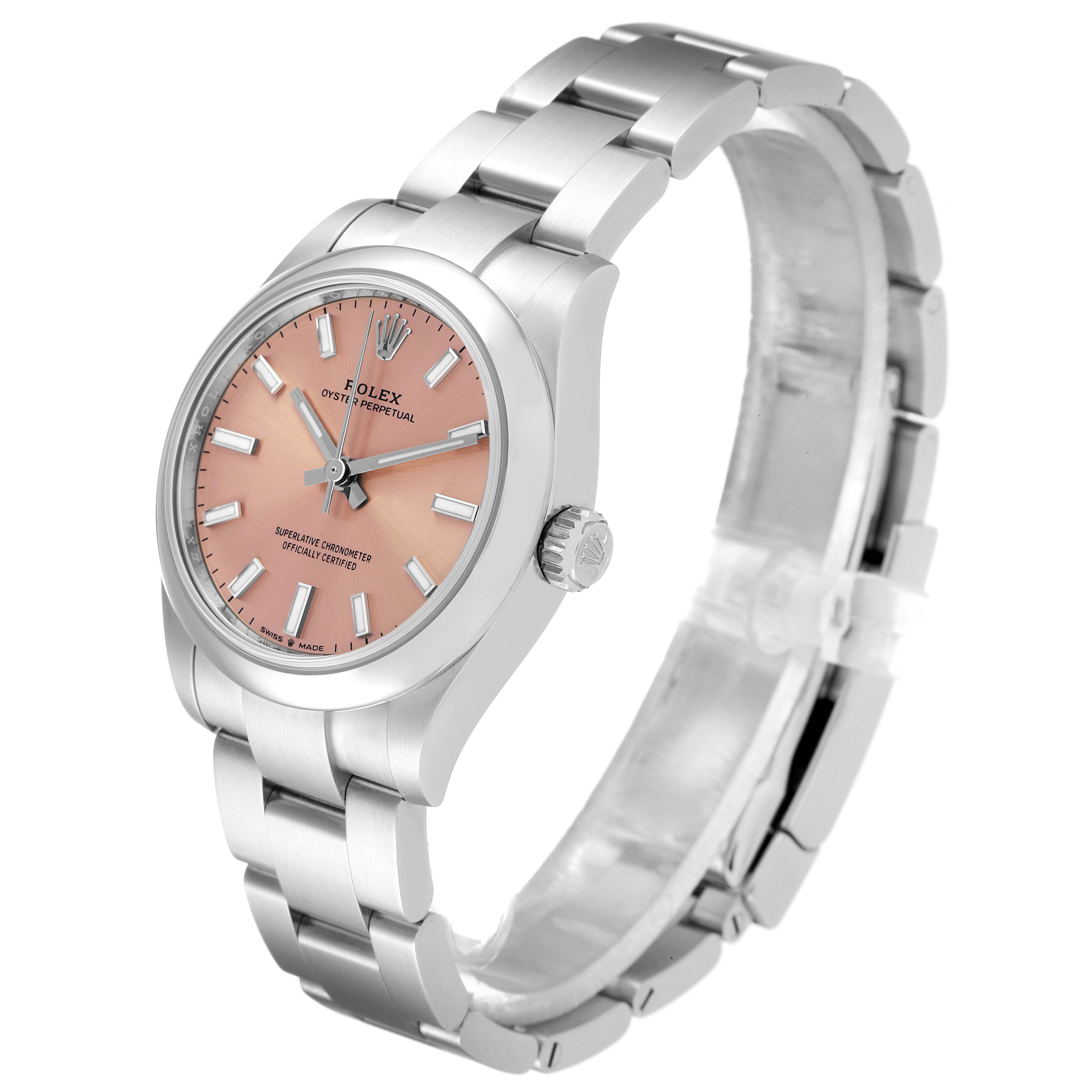 This Mid-Size Rolex watch is shown at a three-quarter angle, displaying the dial, crown, and bracelet.