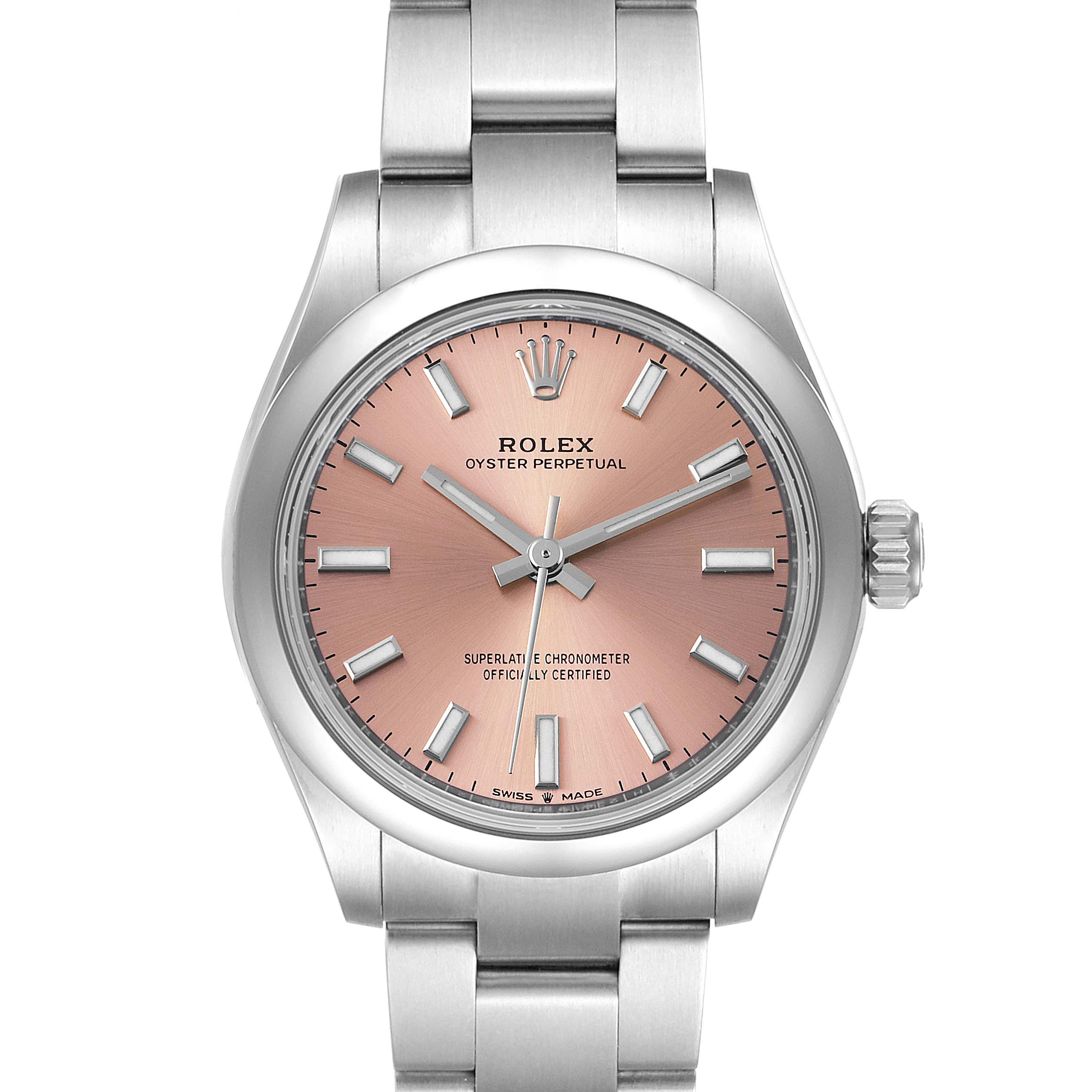 The image shows a front view of the Rolex Oyster Perpetual Mid-Size watch with a pink dial and silver bracelet.