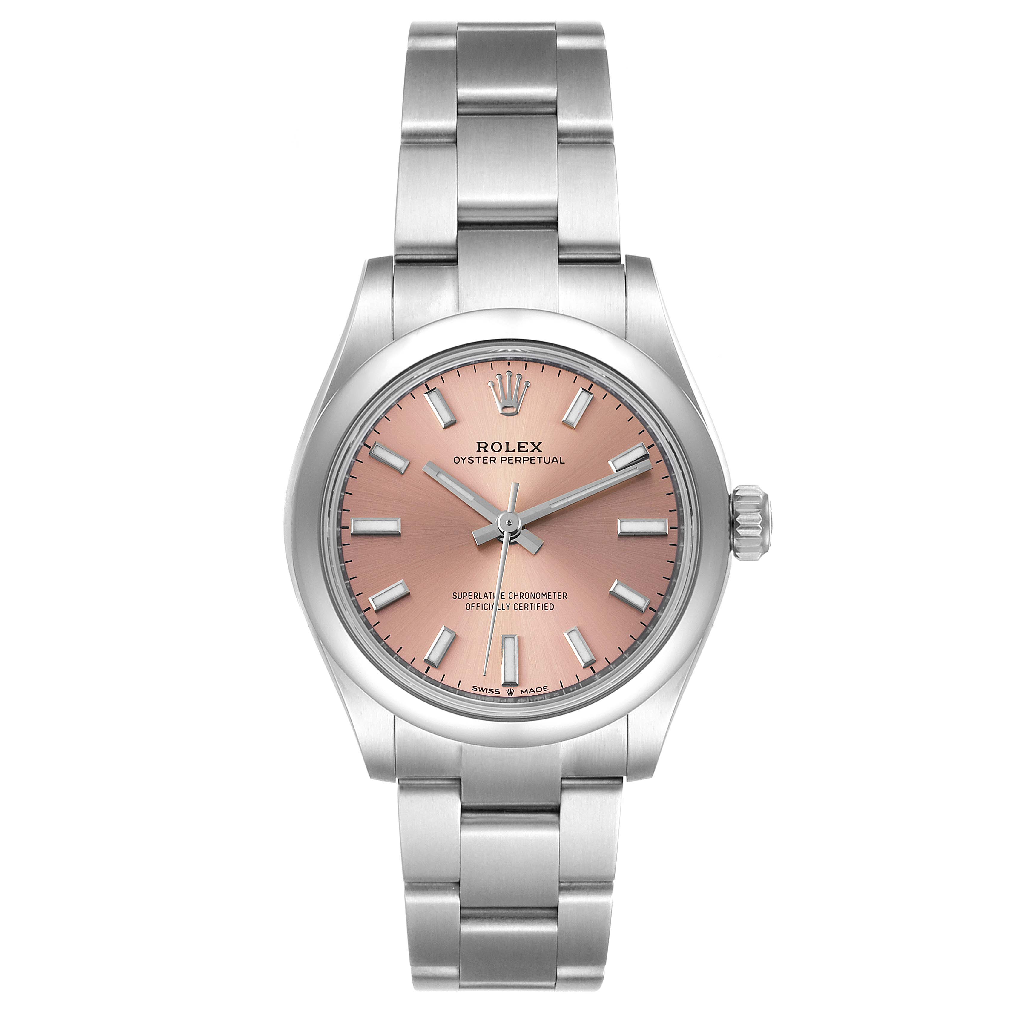 The image shows a front view of a Rolex Oyster Perpetual Mid-Size watch with a pink dial and stainless steel bracelet.