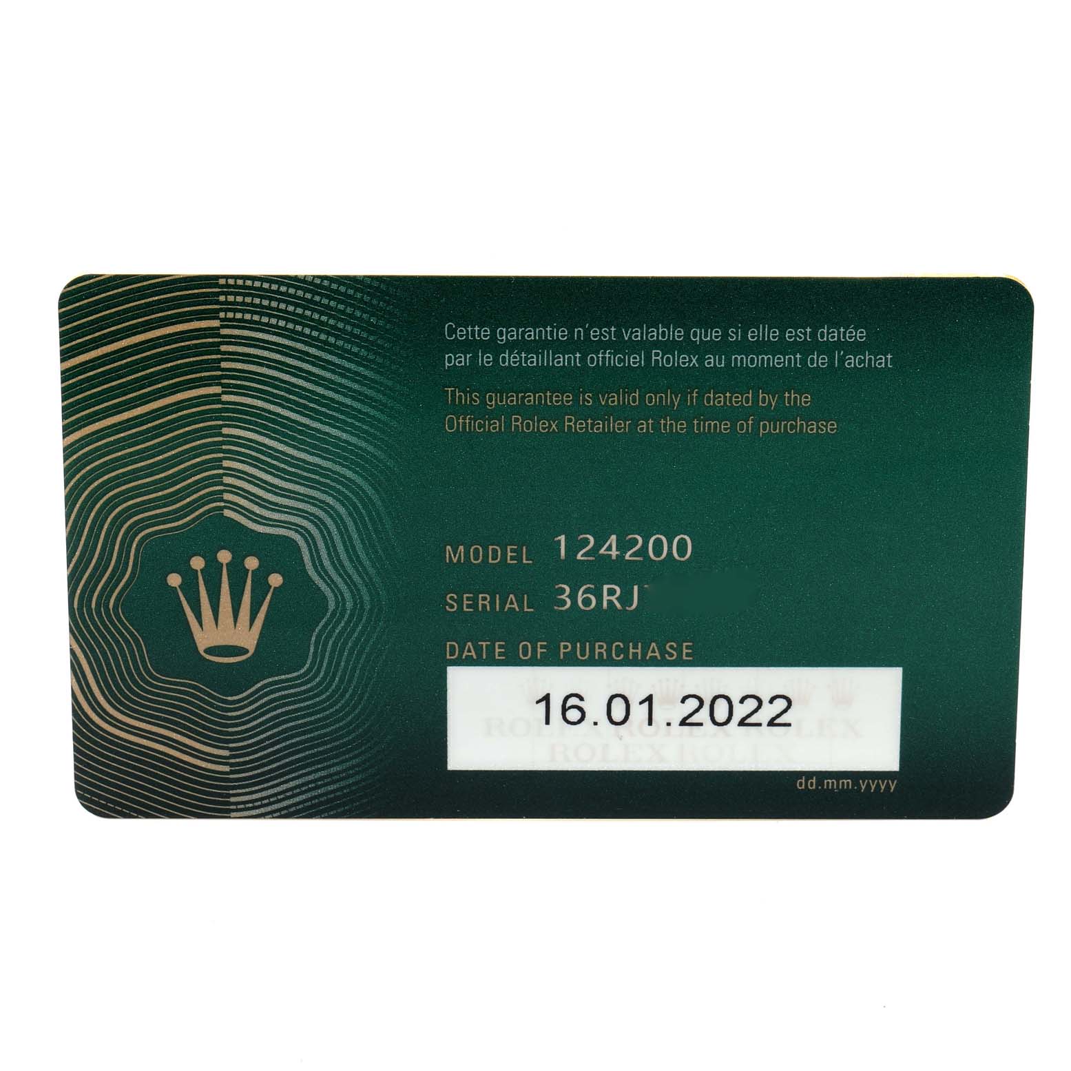 This image shows the warranty card for the Rolex Oyster Perpetual 124200 Men's Stainless Steel Silver Dial 124200 Men's Stainless Steel Silver Dial Model 124200.