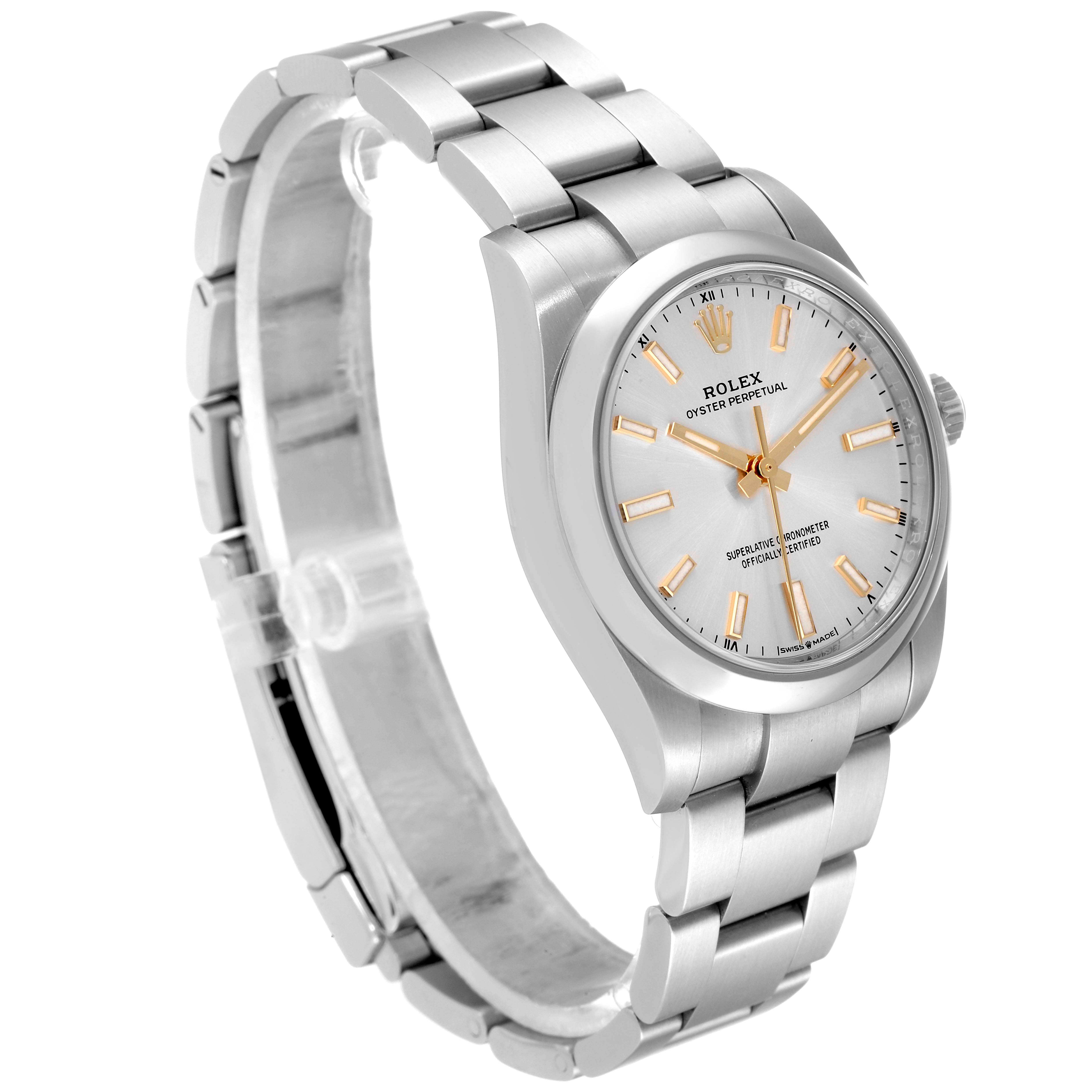 The image shows a Rolex Oyster Perpetual 124200 Men's Stainless Steel Silver Dial 124200 Men's Stainless Steel Silver Dial watch from an angled perspective, highlighting its silver bracelet and white dial.