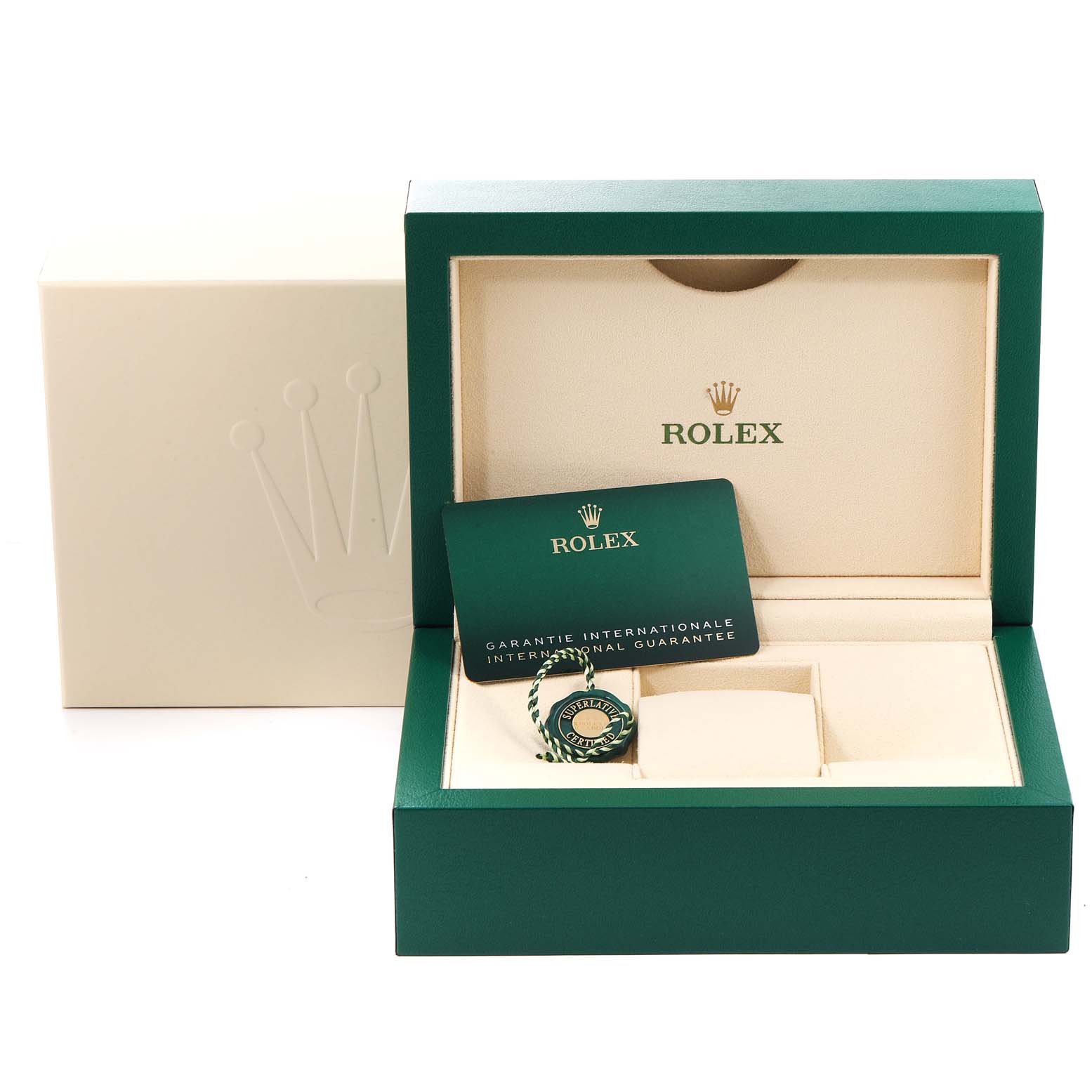 The image shows the packaging, international guarantee card, and tag for a Rolex Oyster Perpetual 124200 Men's Stainless Steel Silver Dial 124200 Men's Stainless Steel Silver Dial watch.