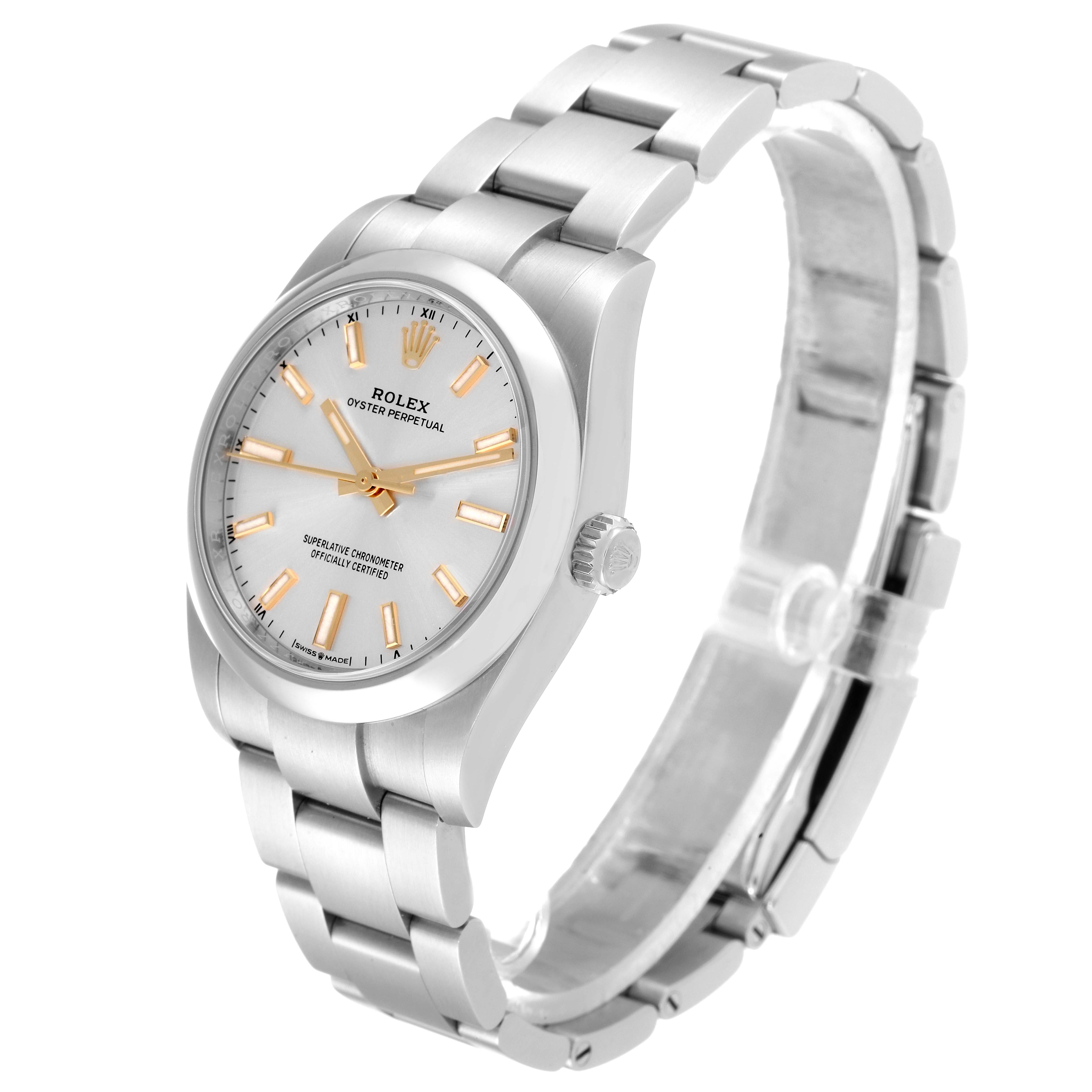 This image shows a Rolex Oyster Perpetual 124200 Men's Stainless Steel Silver Dial 124200 Men's Stainless Steel Silver Dial watch at a three-quarter angle displaying the face and bracelet.